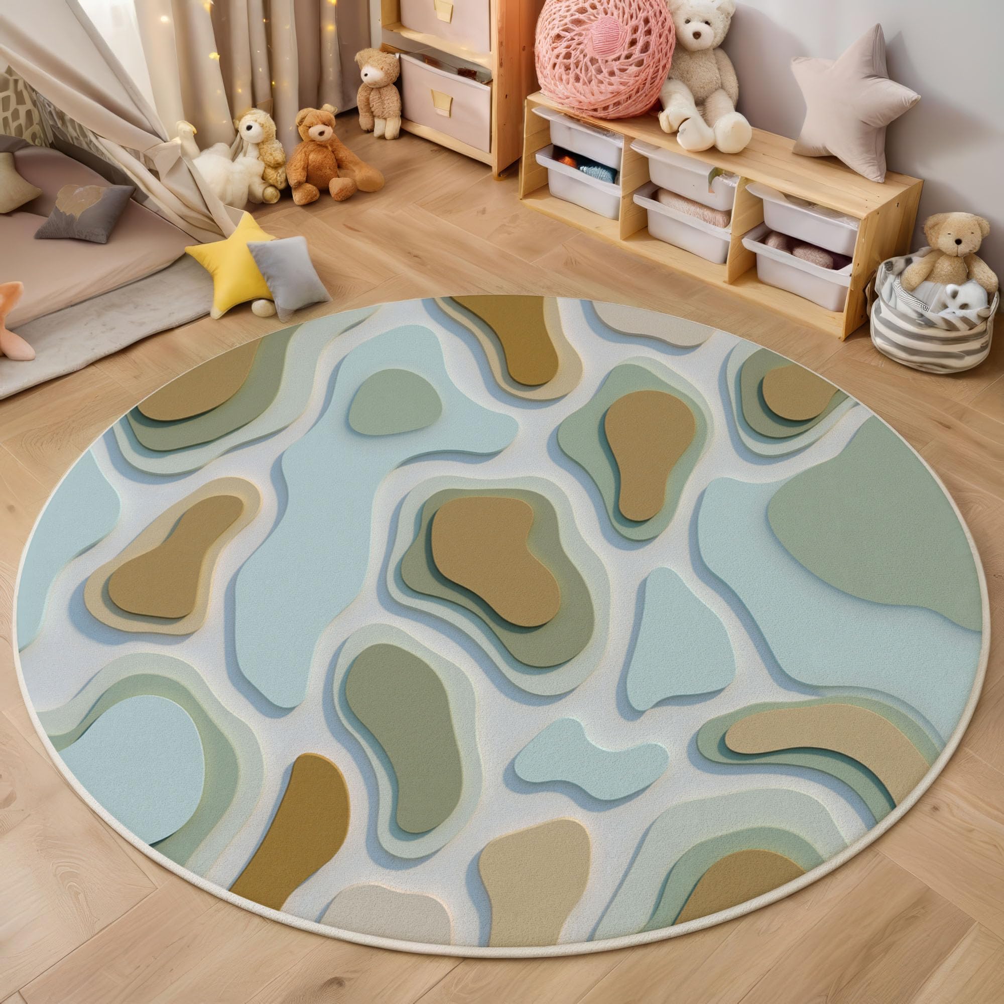 Abstrakte Kunst Waschbarer Runder Teppich 120cm, Pflegeleicht rutschfest 3D-Topografische Karte Teppich, Kurzflor Senfgelb Teppiche für Schlafzimmer Badezimmer Eingangsbereich Kinderzimmer