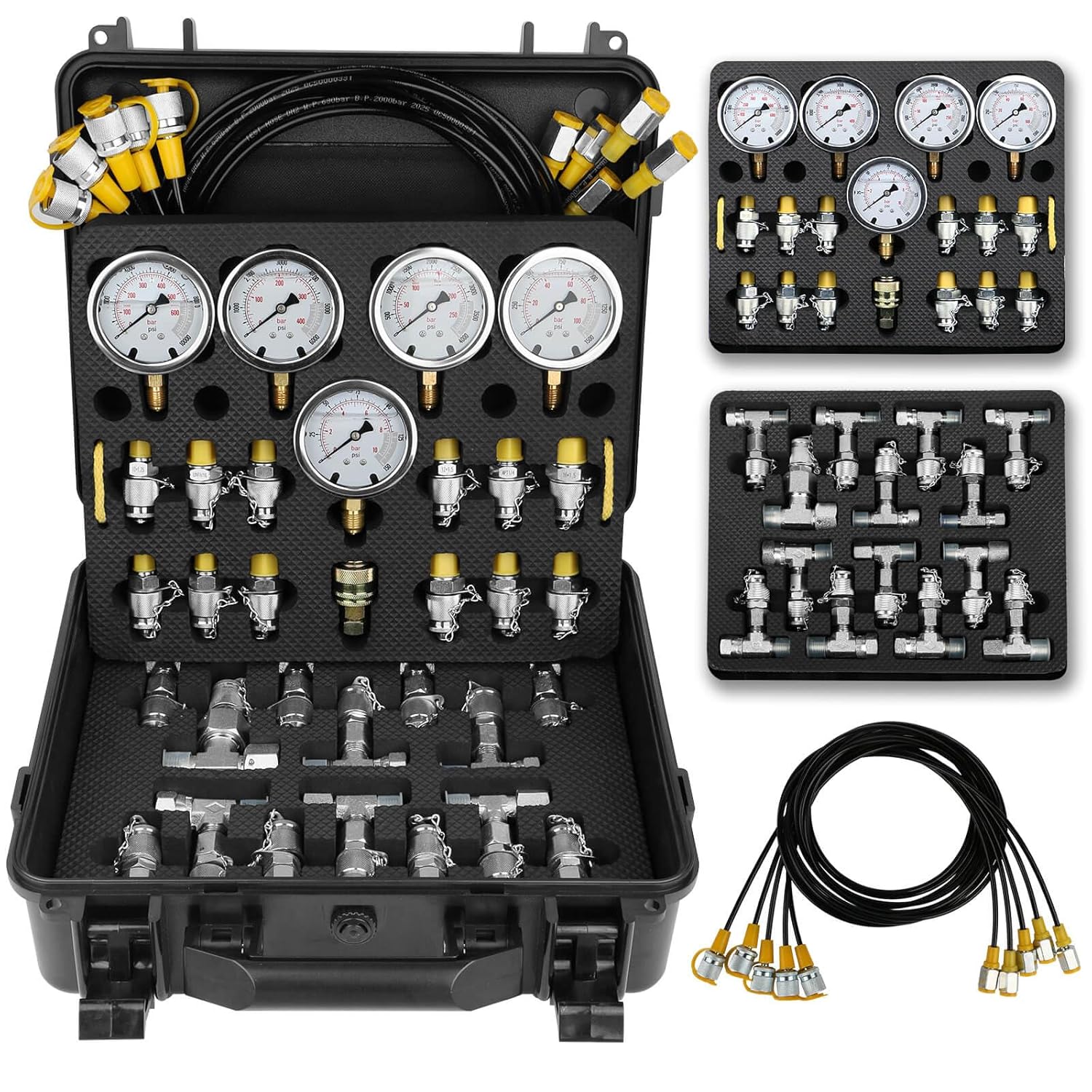 Hydraulic Pressure Test Kit, 5 Gauges 10/100/250/400/600bar, 13 Test Couplings & 14 Tees, Hydraulic Test Kit Compatible with CAT, John Deere, Komatsu, Hitachi, Kobelco Excavators & Loaders