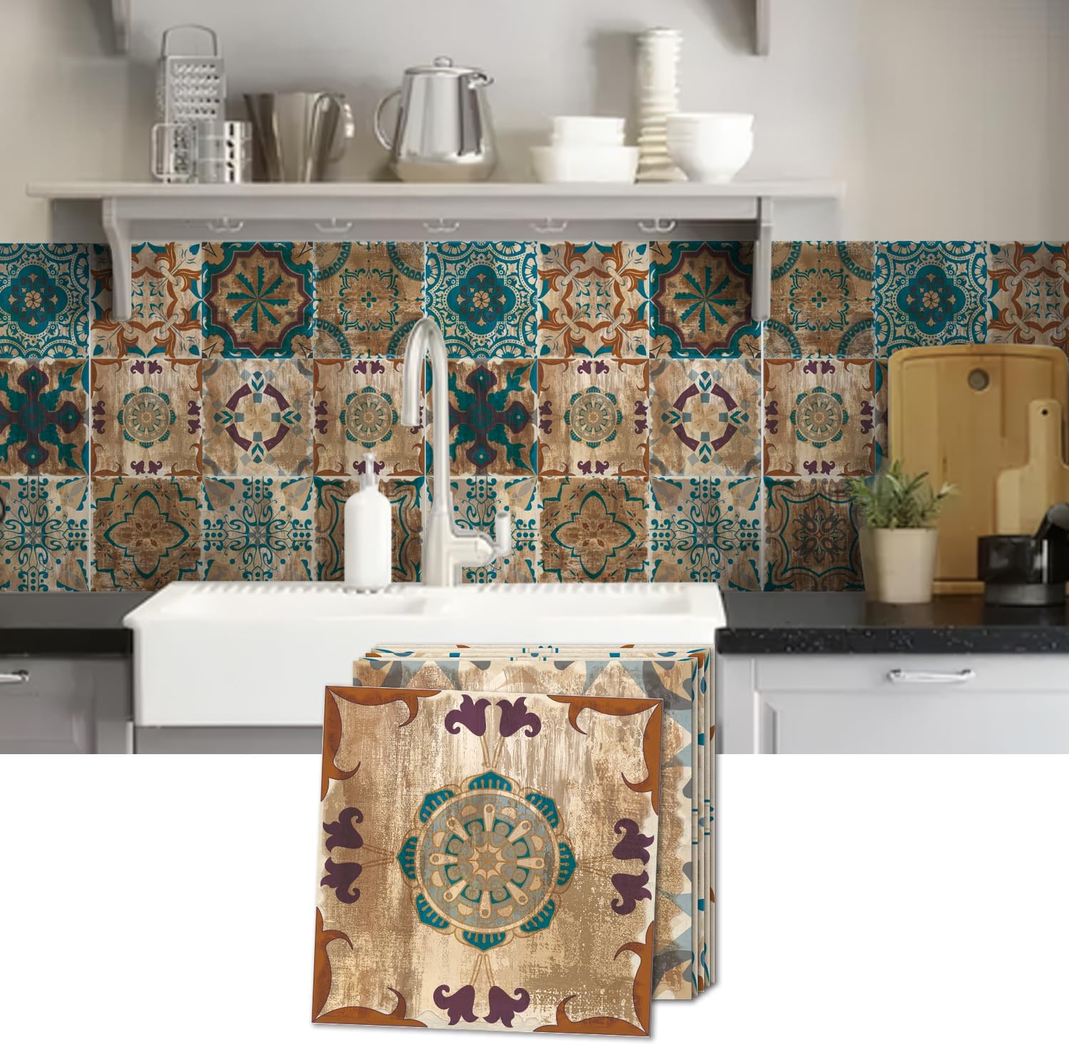 24PCS Tile Stickers Wall Decor Bathroom Kitchen Waterproof PVC Backsplash Decoration Decals - 2D Sticker with Retro Design in Mandala Style (Brown Morocco, 5.91IN(15CM))
