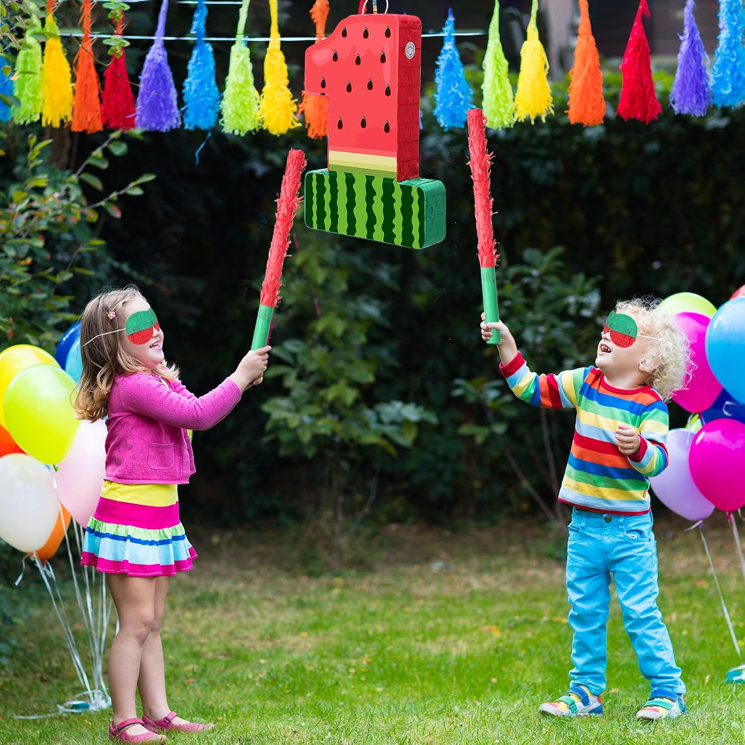Hollowfly Watermelon Piñata Fruit Number 1 Red Watermelon 1st Birthday Piñata with Bat Stick Blindfold Mask Confetti for Summer Theme Summer Birthday Party Supplies (1)