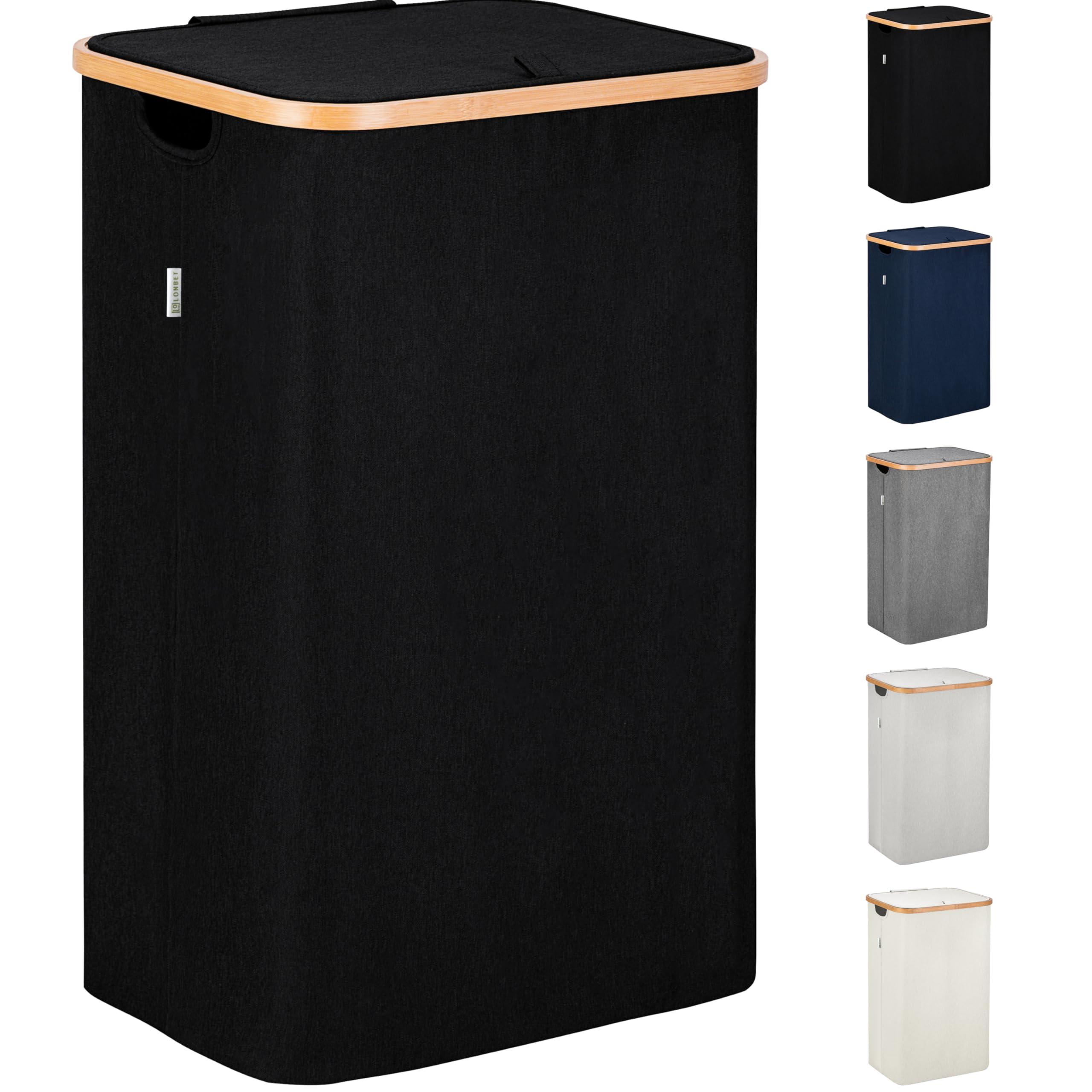 LONBET Laundry Basket with Lid, Made from Breathable Fabric | Aesthetic Clothes Hampers for Laundry with Side Handles & Sturdy Bamboo Frame (26 Gallons - Single, Black)