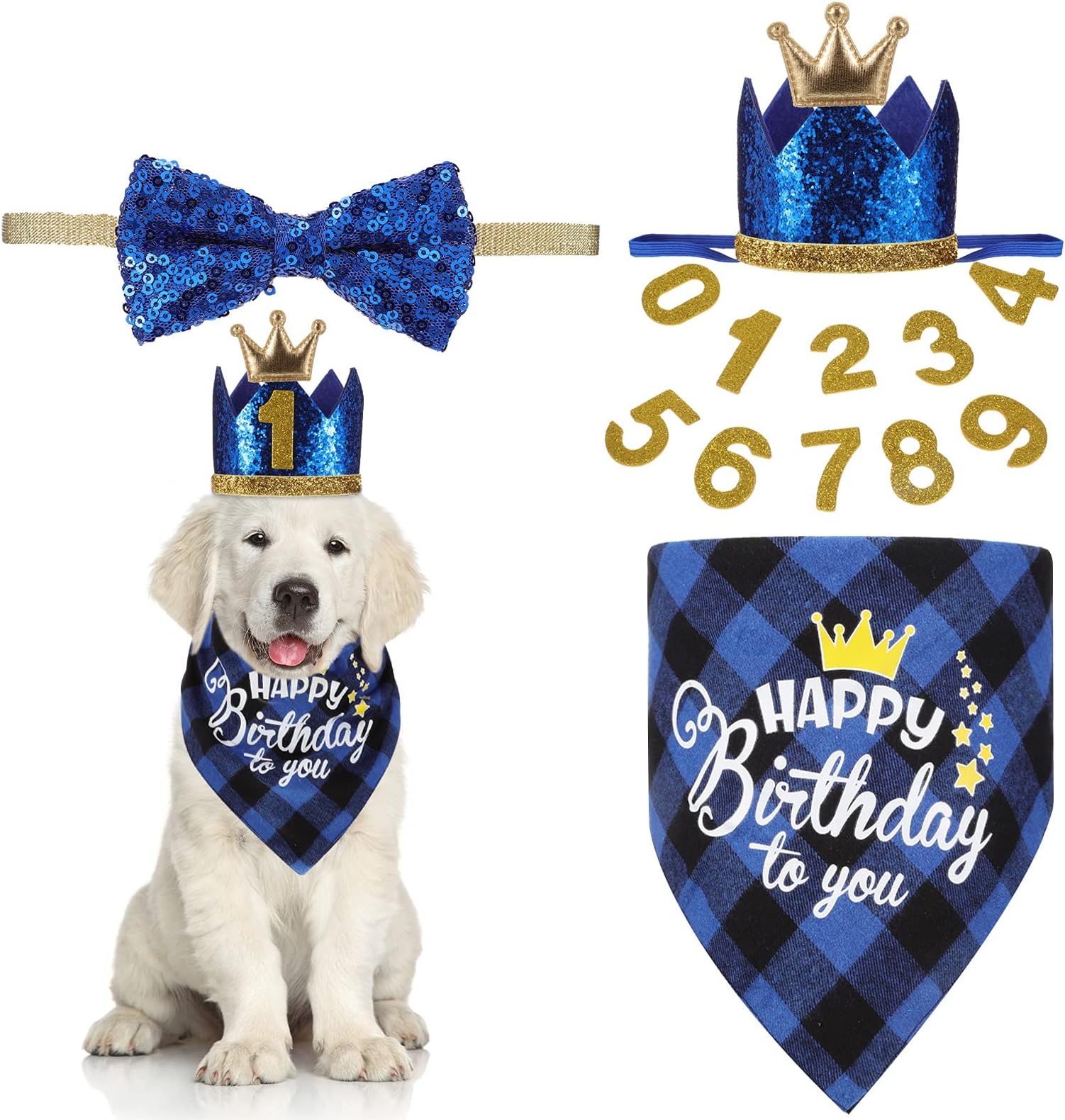 Dog Birthday Party Supplies Bandana Scarf Bling Dog Crown Hat Pet Bow Tie Collar Set with 0-9 Figures Pet Cute Costume Accessories for Small Medium Dog Puppy Kitten Pet Birthday Dress (Blue)