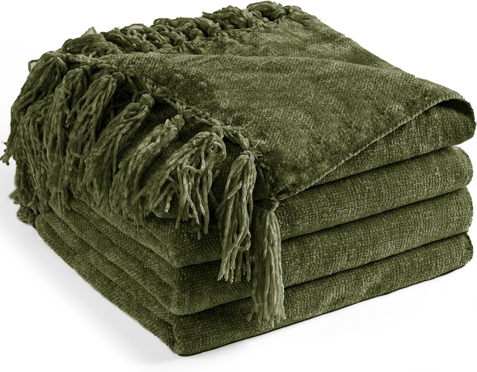 LONG CREATE Chenille Throw Blanket for Couch 50"X 60", Soft Cozy Throw Blanket with Fringe Tassel for Bed Sofa Chair, Lightweight Knitted Decorative Farmhouse Boho Throw Blanket for Gift, Olive Green