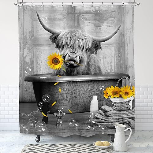 Miniatura 2 de SVBright Divertida cortina de ducha de vaca de las tierras altas, 60 pulgadas de ancho x 72 pulgadas de largo, rústico, granja, girasol, ganado,