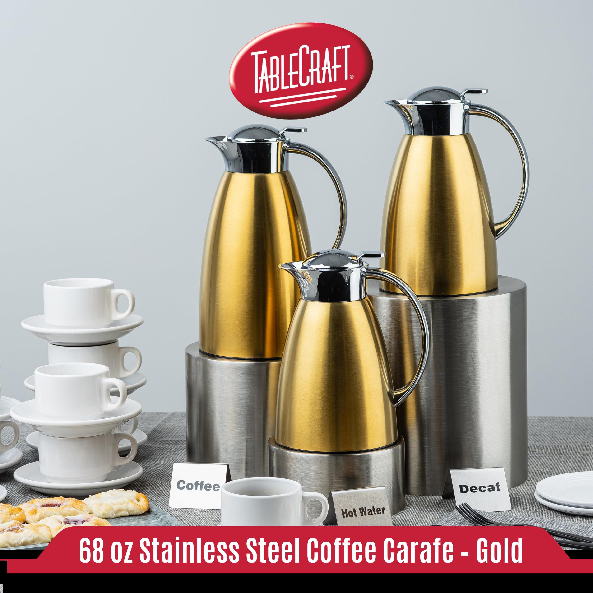 TableCraft 12679 68 oz (2L) Stainless Steel Coffee Carafe, Brushed Stainless Steel with Gold PVD Finish, Vacuum Insulated, Lightweight Leak Proof Coffee Dispenser, For Cafes, Restaurants & Catering
