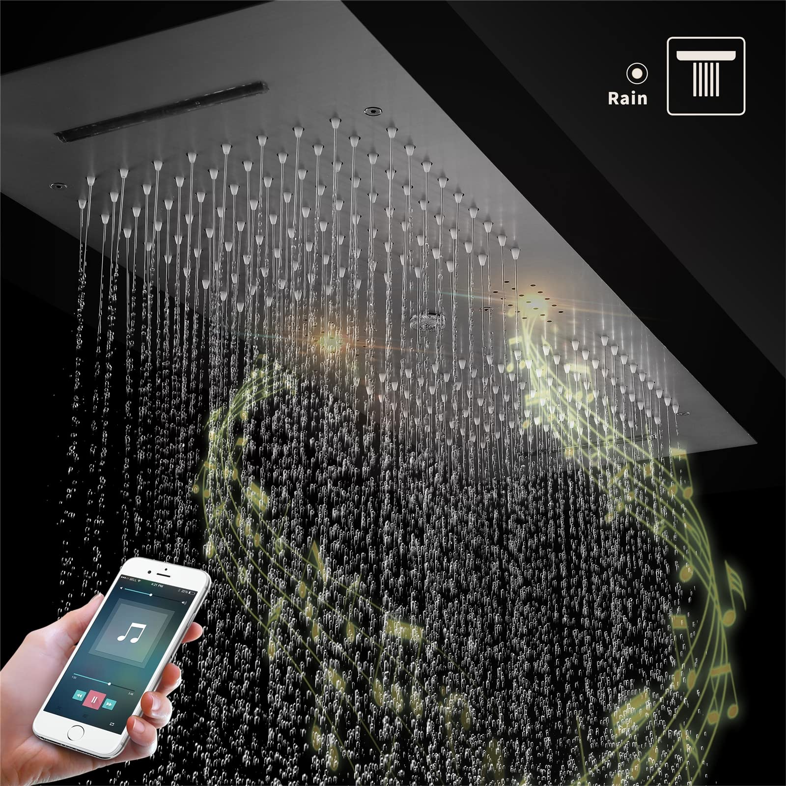LED Música Rociador Ducha 90x30cm Negro Alcachofas Fijas para Ducha 3 Funciones 64 Colores Alcachofa de Ducha Rectangular 304 Acero Inoxidable Cabezal de Ducha Lluvia,Touch Control