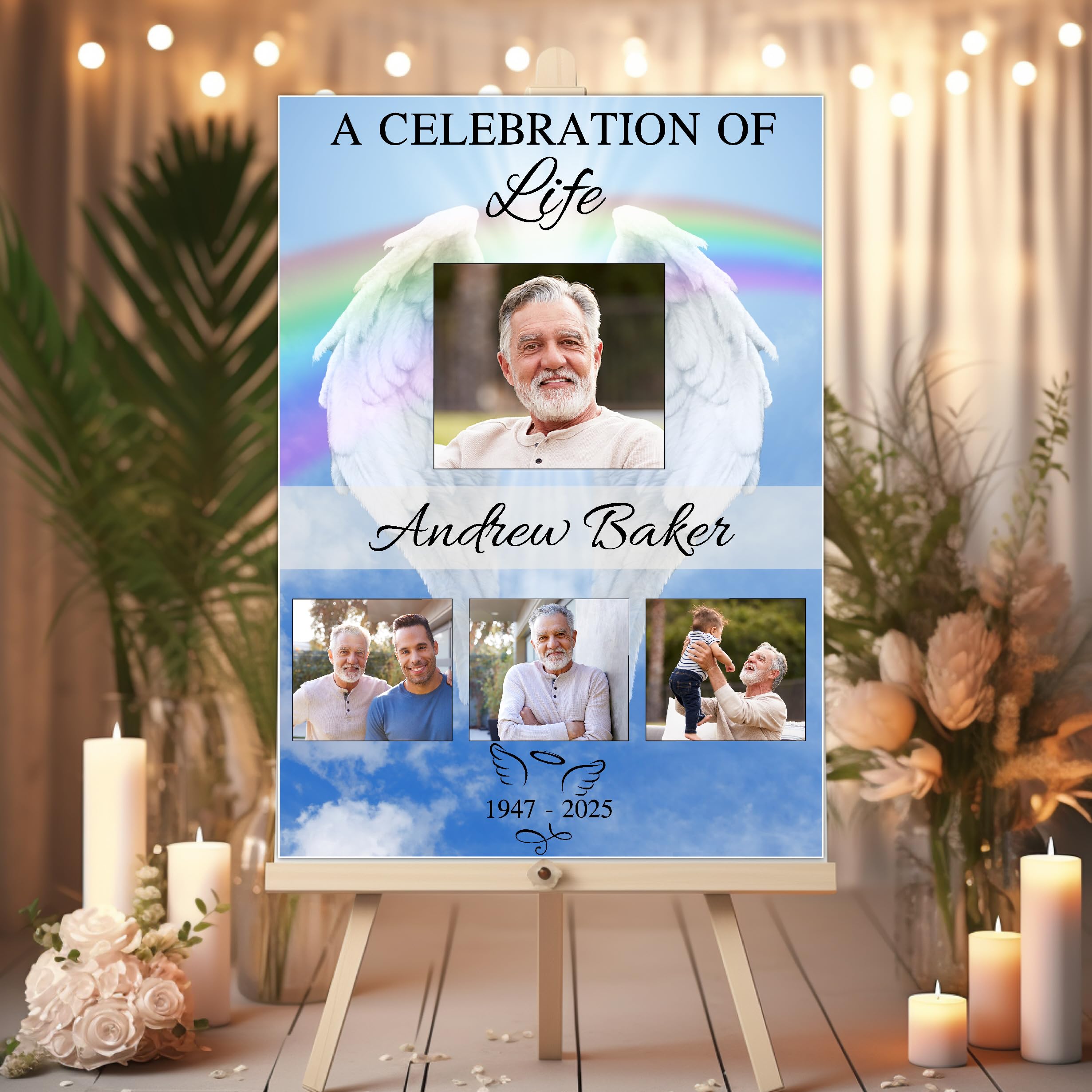 Personalised Memorial celebration of life Photo Poster Banner. Funeral Wake keepsake print Remembrance Sign Decorations N238 Rainbow Angel Wings