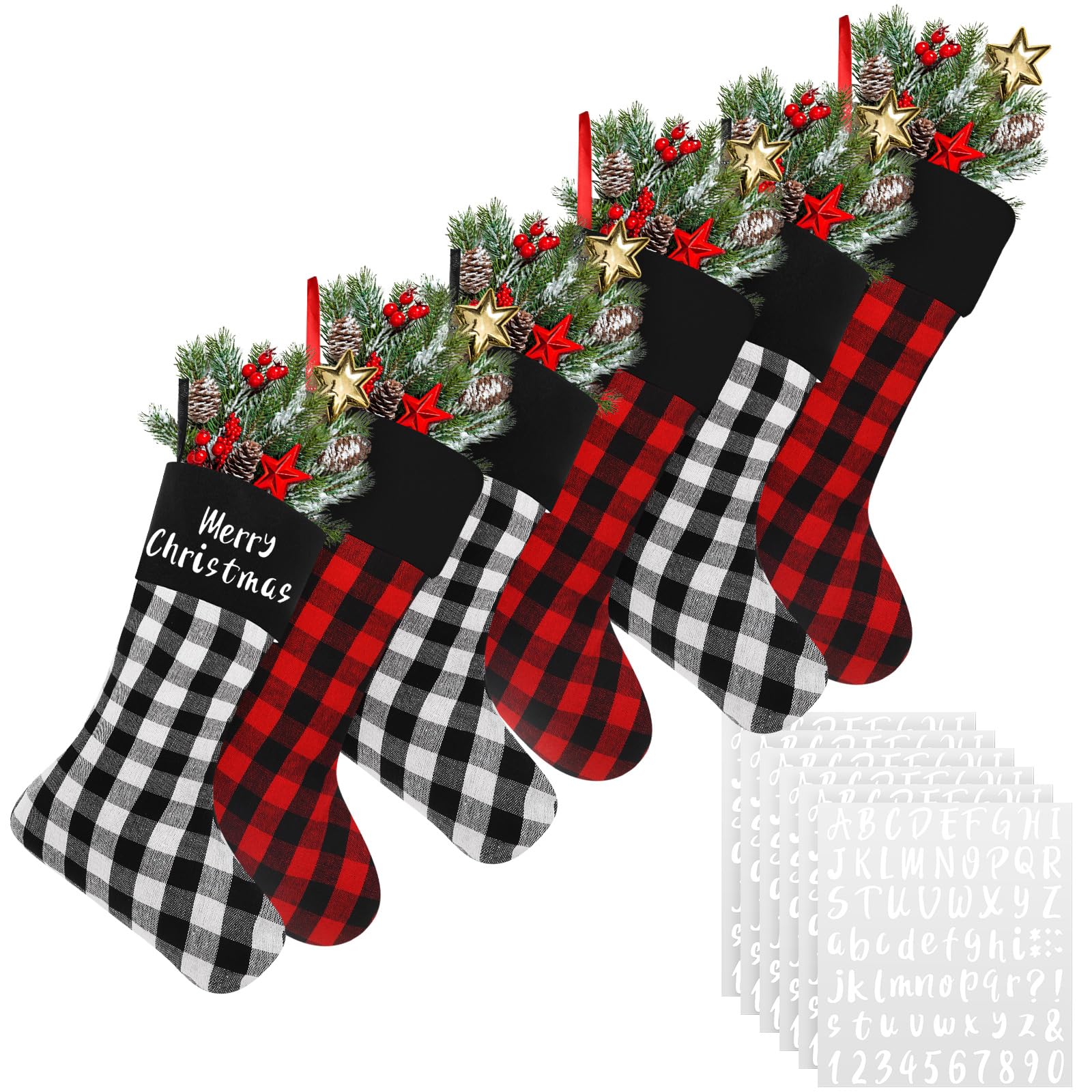 Tatuo Lot de 6 chaussettes de Noël en toile de jute à suspendre pour décoration d'arbre avec 4 feuilles d'autocollants en vinyle (noir, rouge et blanc)
