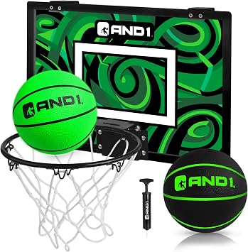 AND1 Over the Door Mini Basketball Hoop, 18x12 Shatterproof Graffiti Backboard, 9" Spring-Loaded Steel Rim, Foam-Padded Door Protection, 2 Mini Basketballs & Pump, No Tools Required
