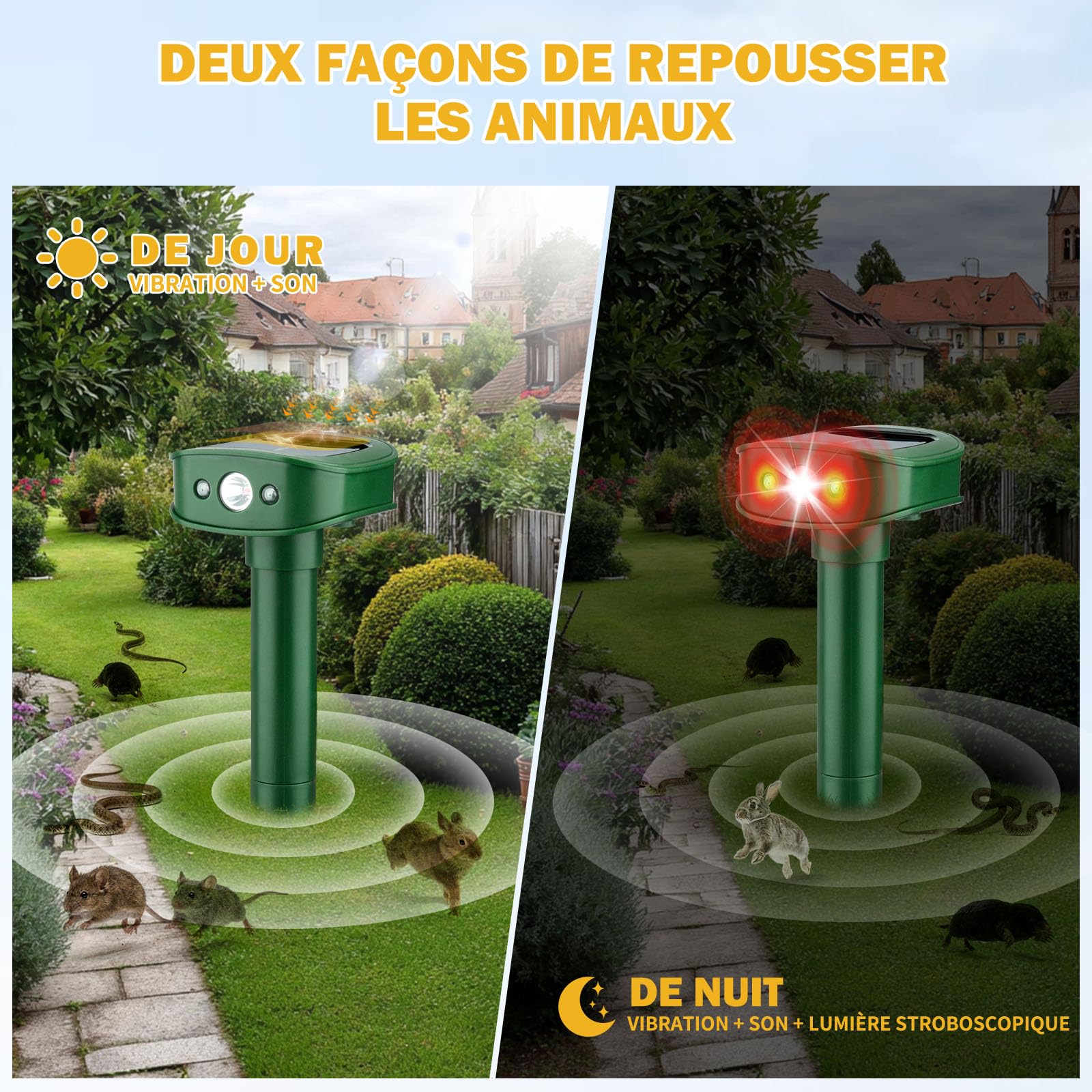 4 Pièces Répulsif Taupes, 20㎡ Nouveau Vibrations Répulsif Solaire pour Martres avec Lumière LED, Imperméable IP45 Effaroucheur Animaux Jardin pour Souris Taupes Lapins Serpents