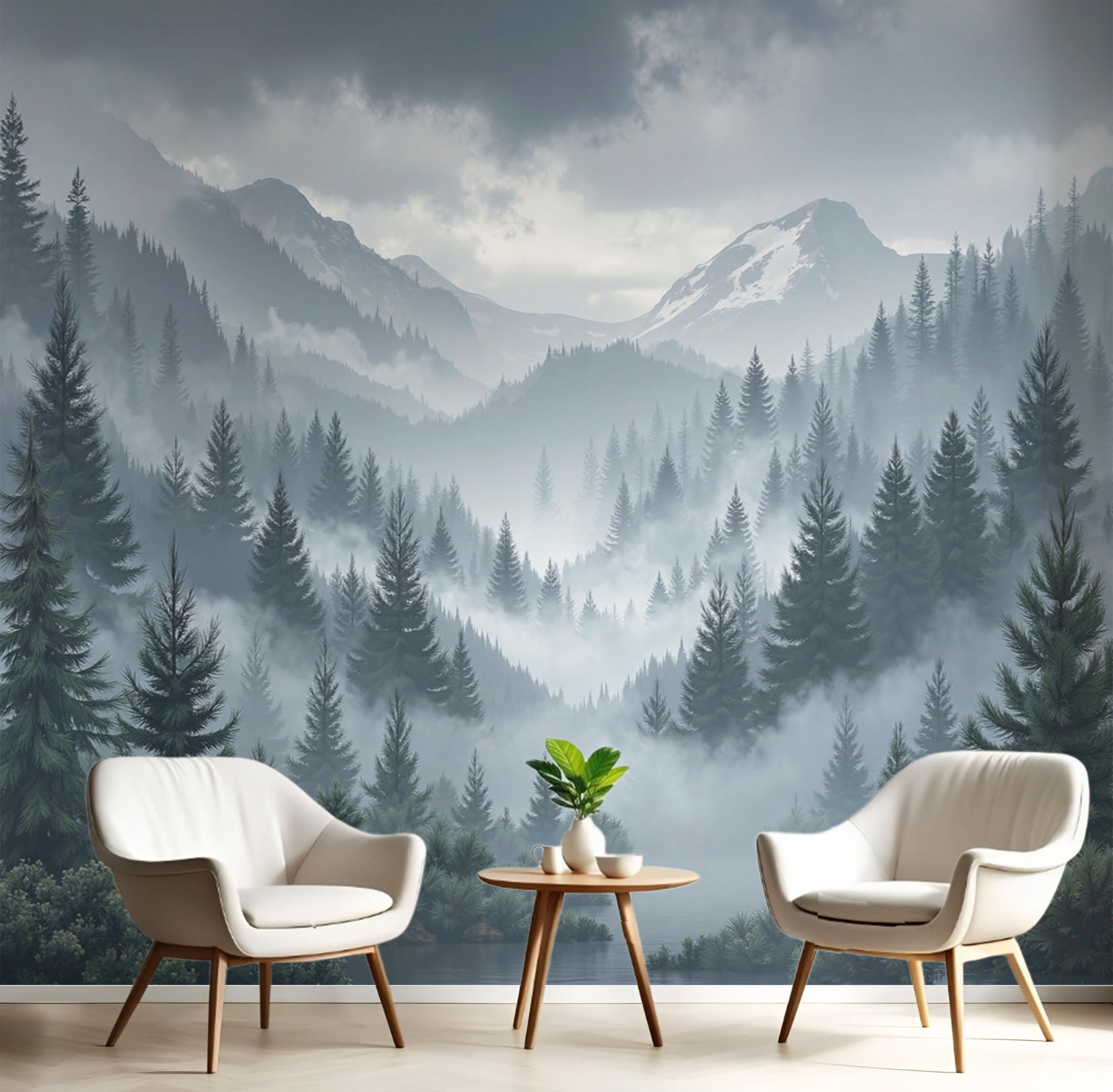 Papier peint panoramique forêt brumeuse pour masquer un mur nu de salon 200x140