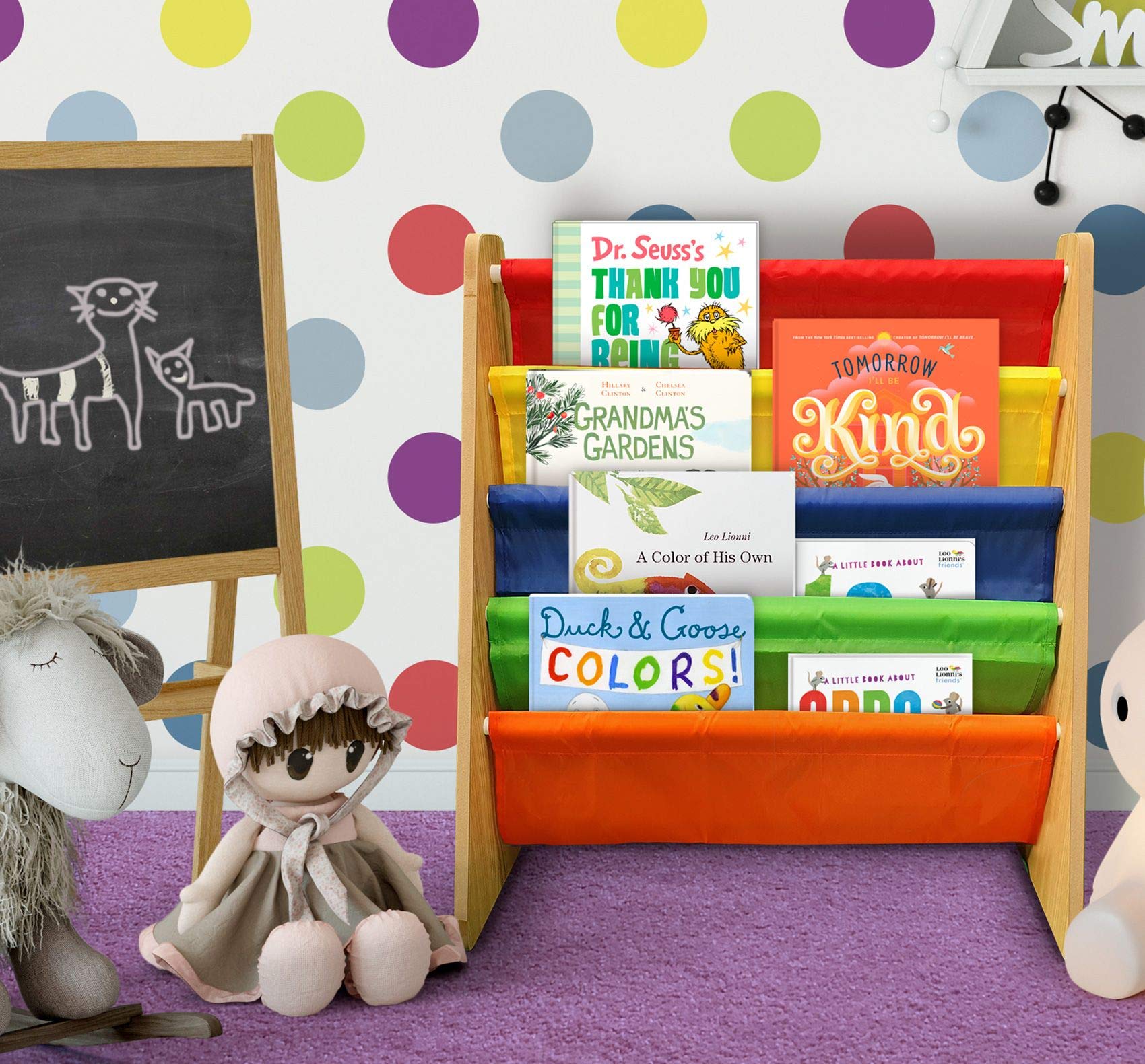 4-poziomowy regał dla dzieci z kolorowej tkaniny z łatwym dostępem do książek dla dzieci, biblioteka dla dzieci, kolor tęczy, idealny do przechowywania w sypialni