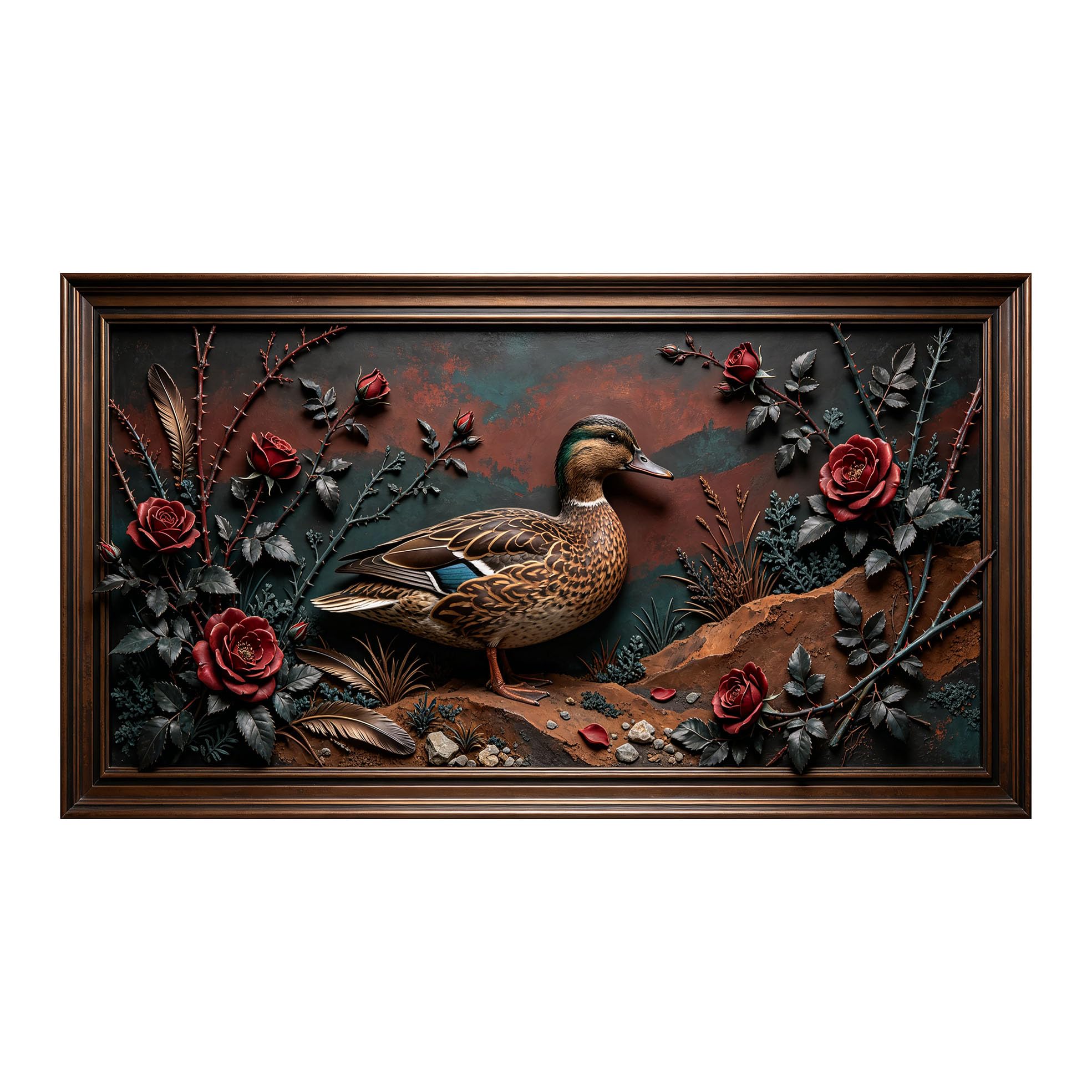 Yzpallescene 3D 3D Framed Wall Art 50cm×90cm Duck and Red Rose Botanical Oil Painting Large Size SelfAdhesive Removable Wall Decor Prints Artwork for Living Room Bedroom Office