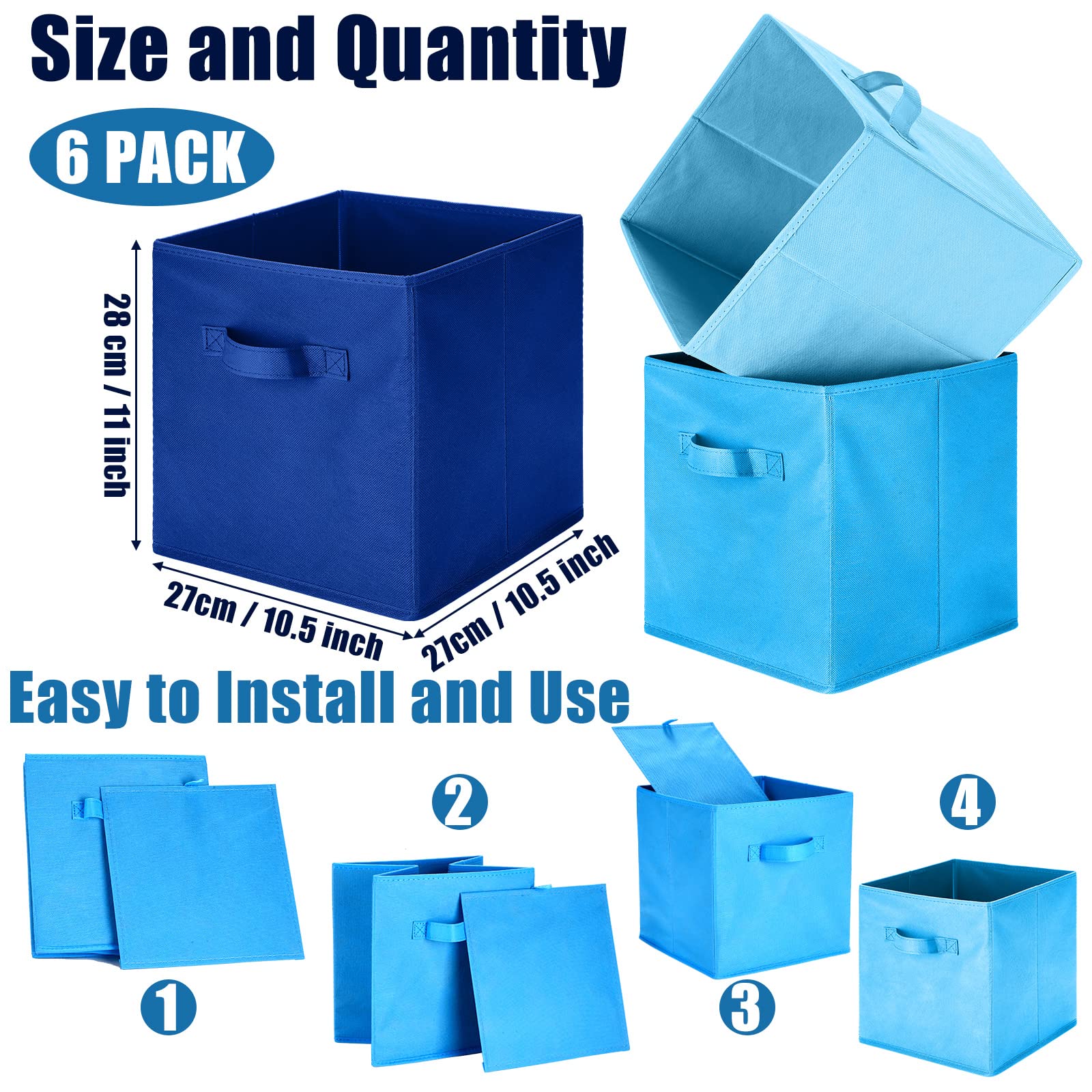 Karenhi 6 Stück 27,9 x 26,7 x 26,7 cm Stoff-Aufbewahrungskörbe Aufbewahrungswürfel Organizer mit Griffen, faltbare Regalkörbe für Zuhause, Kinderzimmer, Schrank, Cubby, Spielzeug, Tuch (blau)
