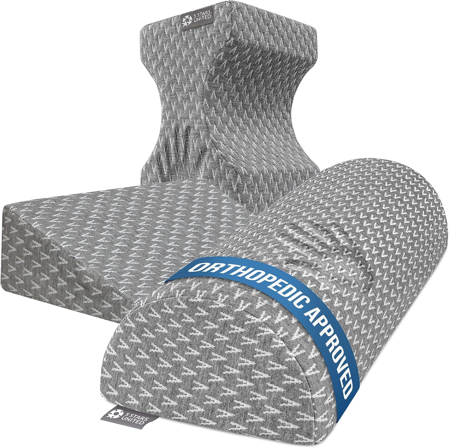 5 STARS UNITED Wedge Cushion for Side Sleeping - Half Moon Bolster for Bed - Knee Pillow for Side Sleepers - Knee Pillow for Between Leg Support for Sciatica, Hip, and Lower Back Pain, Arctic Gray