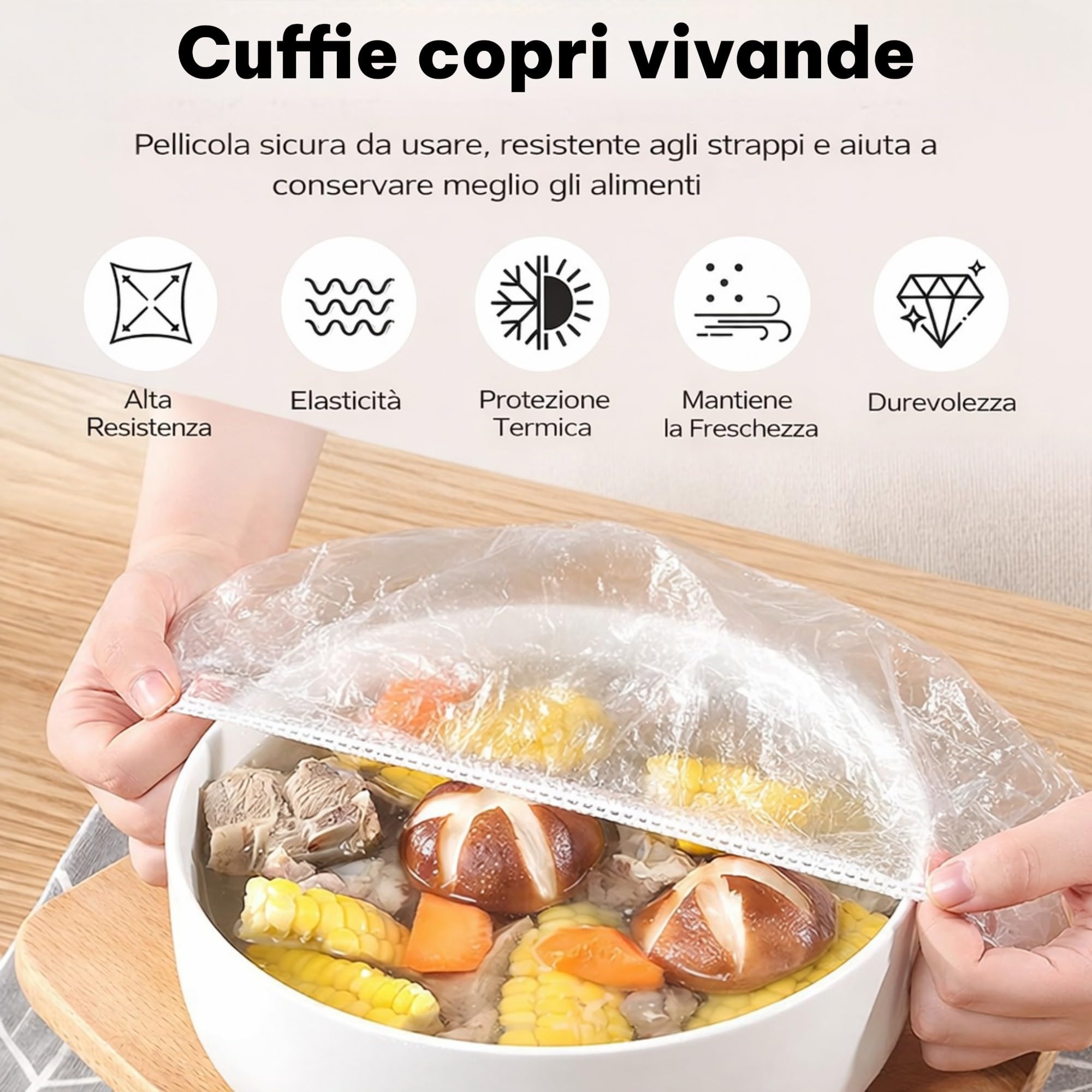 Copri Alimenti Riutilizzabili con Elastico Trasparenti Estensibili 10-25 cm per Ciotole Piatti Contenitori Conservazione Fresca
