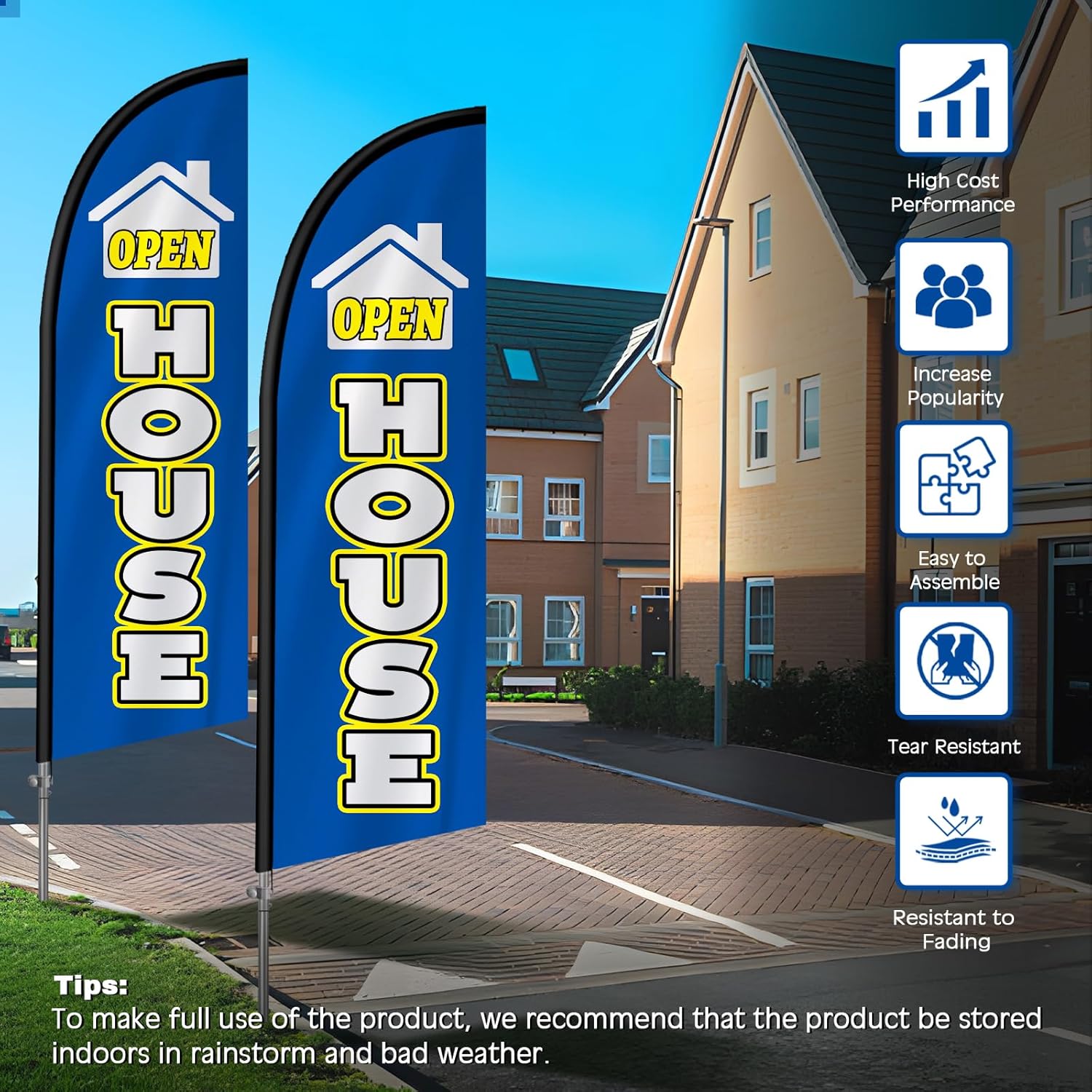 2 Pack Open House Flags for Real Estate Agents - 8FT Signs with Flagpole Kit, Ground Stake, Windless Open House Flag Supplies for Events, Advertising, Indicators (Blue) - Image 7