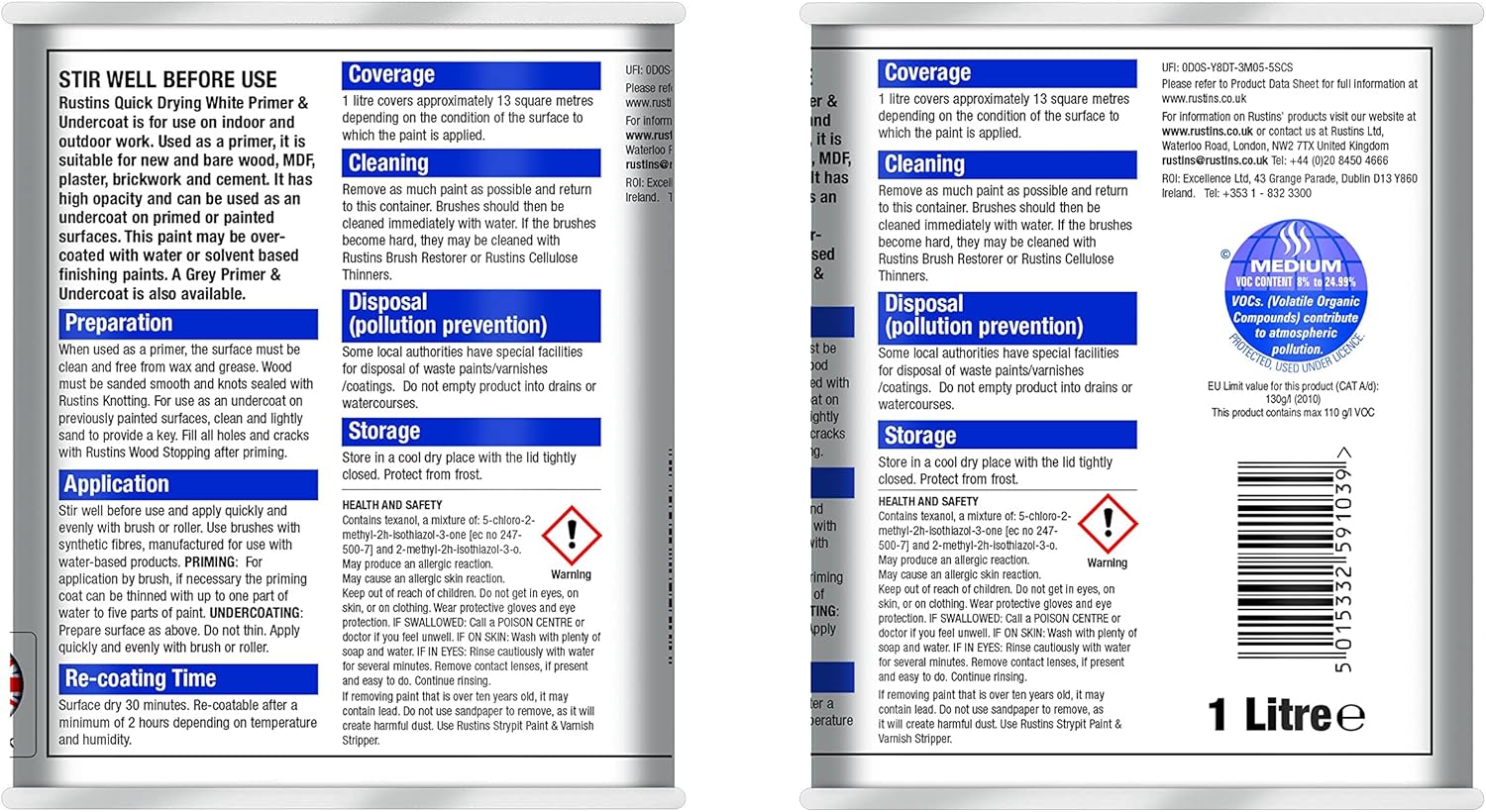 Rustins Quick Drying Primer And Undercoat Grey 1L