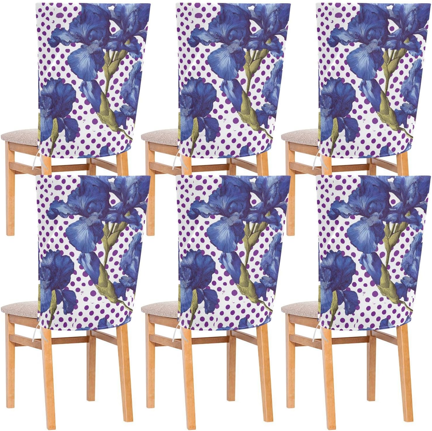 ALAZA Iris Flowers Polka Dots Chair Back Cover Set of 6, Washable Reusable Removable Chair Slipcovers Decorative Chair Cover for Home Kitchen Wedding Party