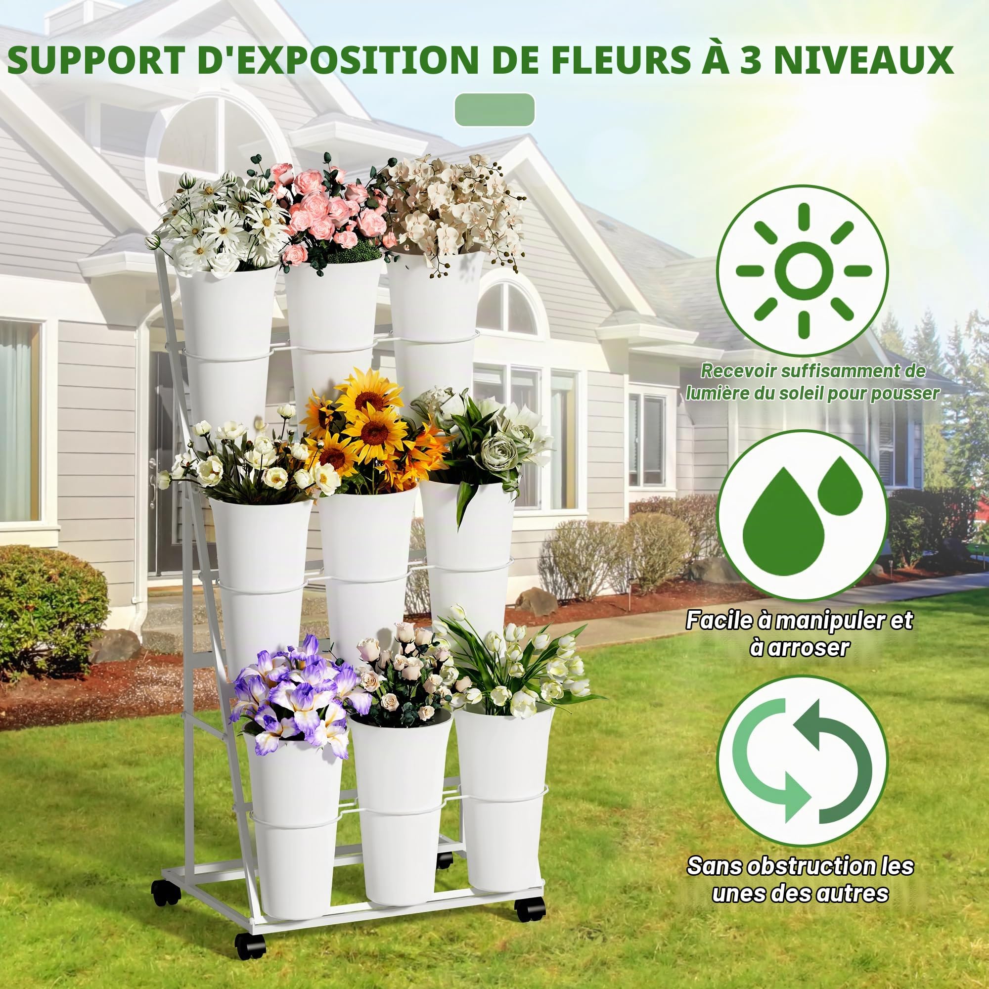 Alyoen Présentoir à fleurs à roulettes avec 9 seaux, présentoir à fleurs métallique à 3 étages, présentoir mobile pour plantes d'intérieur et d'extérieur, mariages, fleuristes, jardin (blanc)