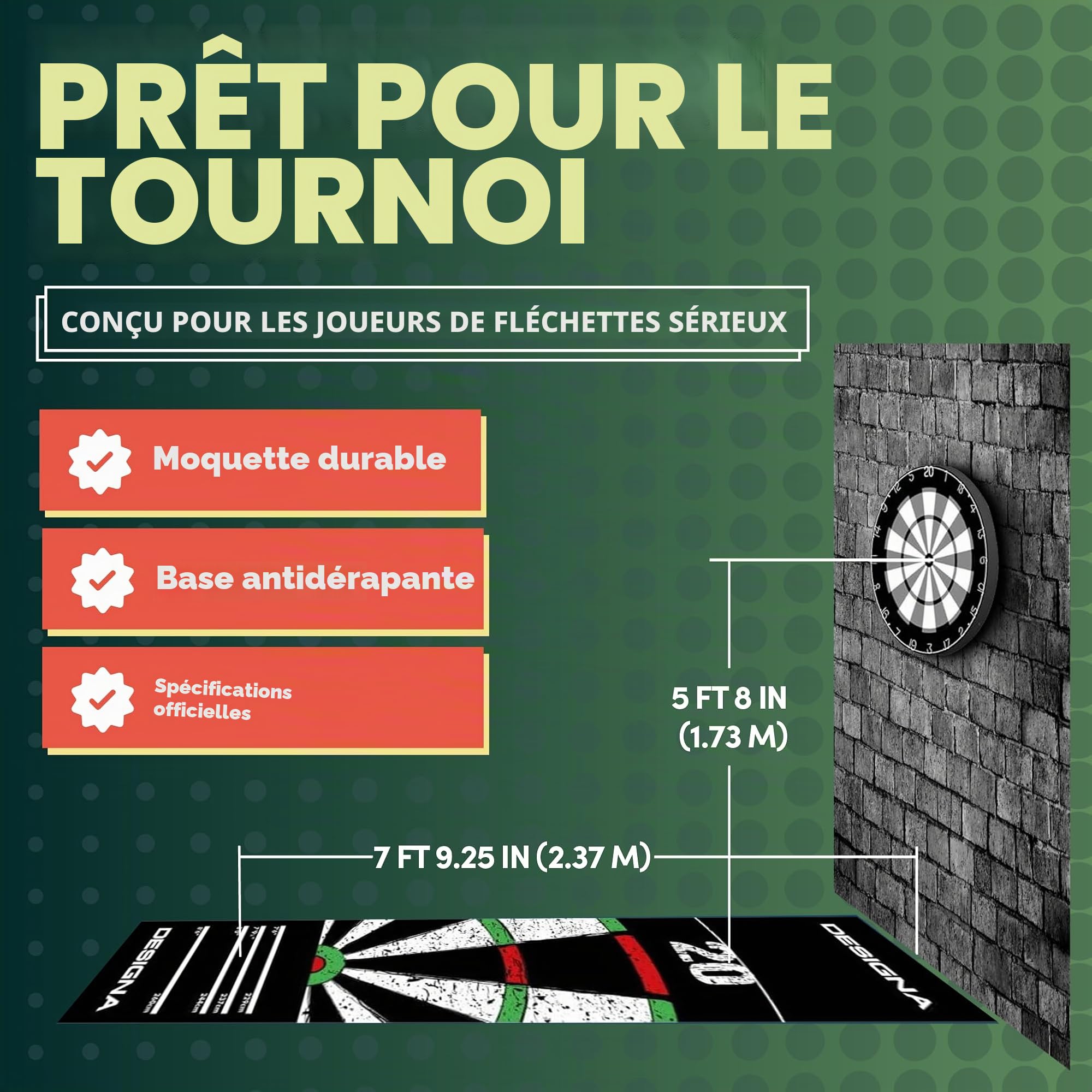 Designa Darts MAT43 Tapis de fléchettes antidérapant Double Dessus 290 cm x 60 cm