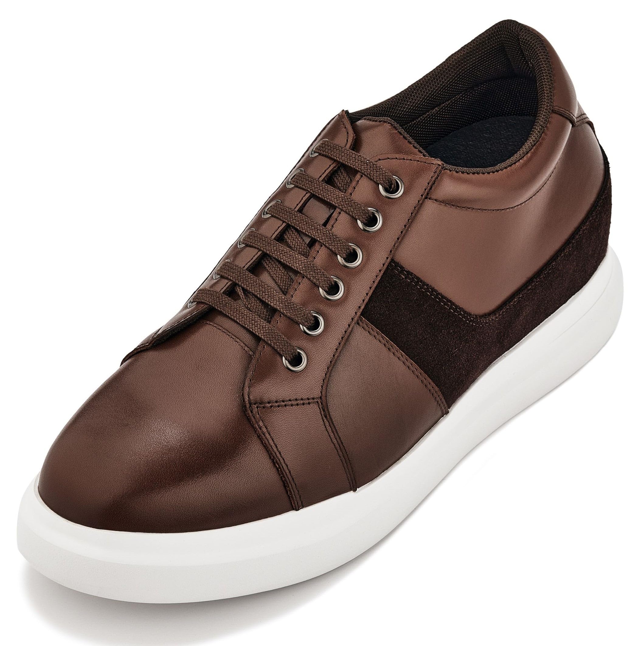 CALTO Men's Invisible Height Increasing Elevator Shoes - Coffee Brown Lightweight Leather Lace-up Fashion Sneakers - 3 Inches Taller - K1532 - Size 11