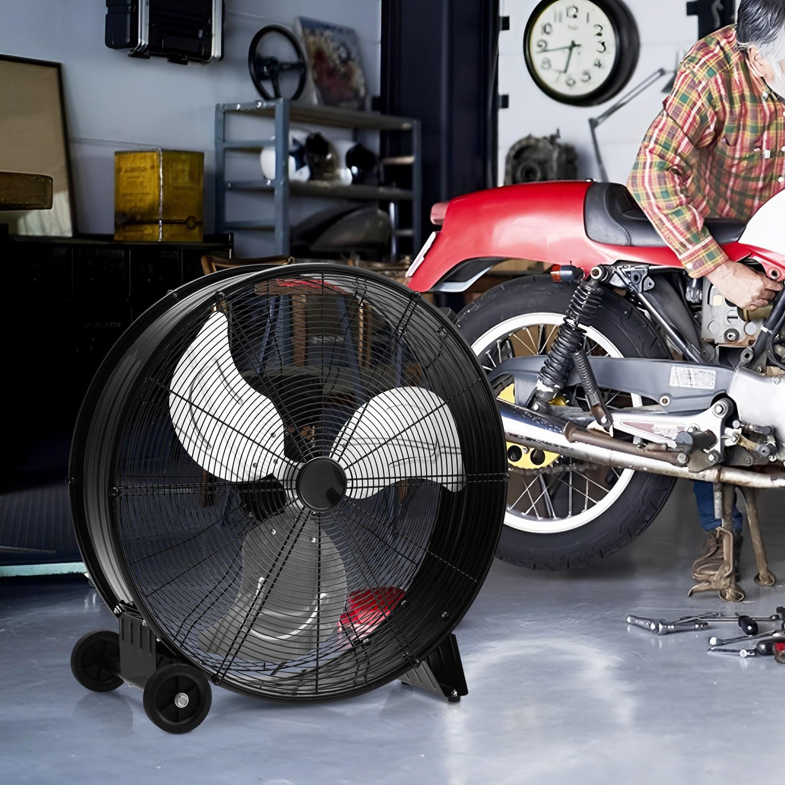 RELAX4LIFE Ventilateur de Sol Industriel 60CM 180W, Ventilateur à Tambour 3 Vitesses Réglables, Mobile à Poignée et Roulettes, Fort Débit d'Air pour Garage, Usine, Magasin (Noir)