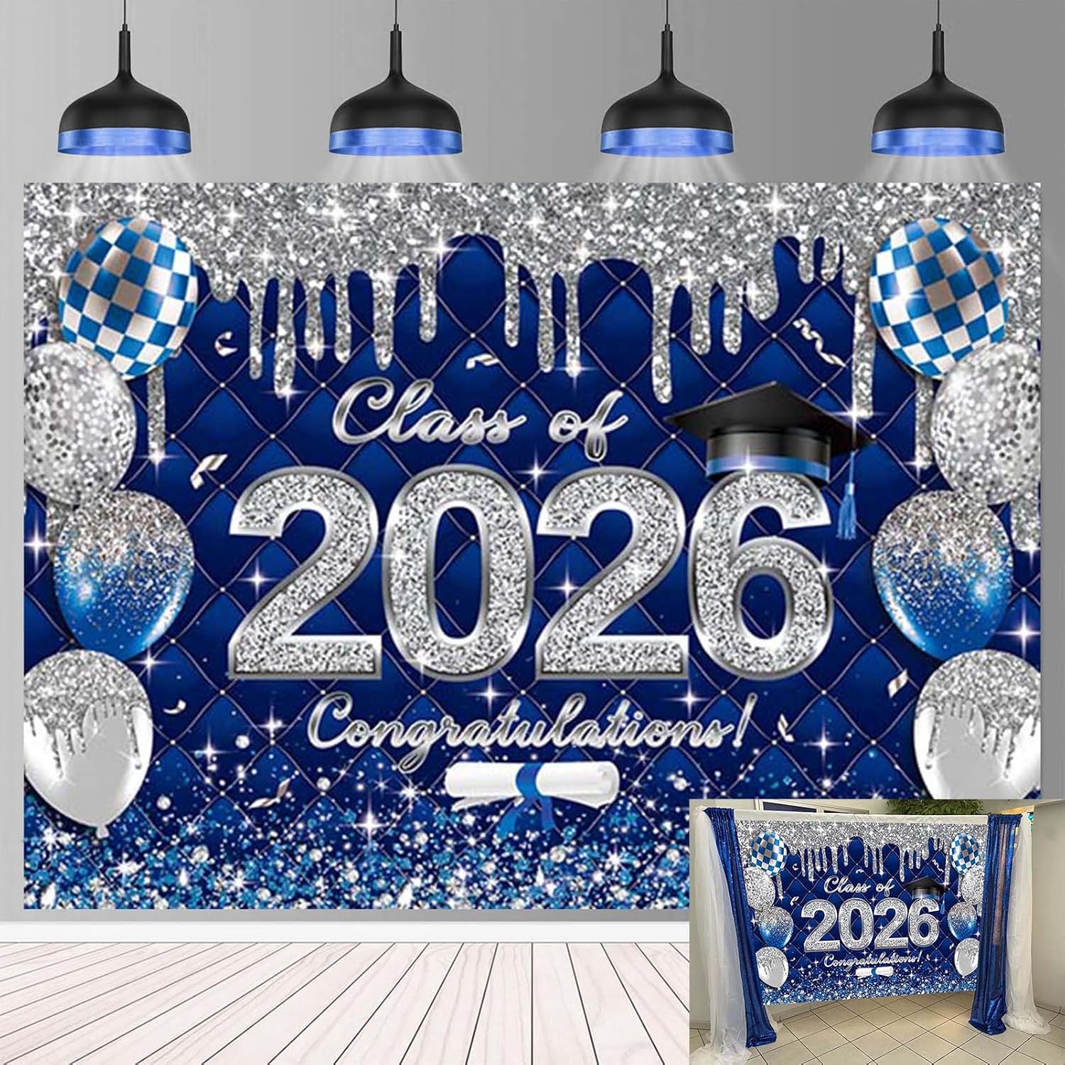 Blue Graduation Backdrop Class of 2026 Photoshoot Background 2026 Congrats Grad Congratulations Party Decoration Banner Photo Props (7x5FT(82 x 59 inch))
