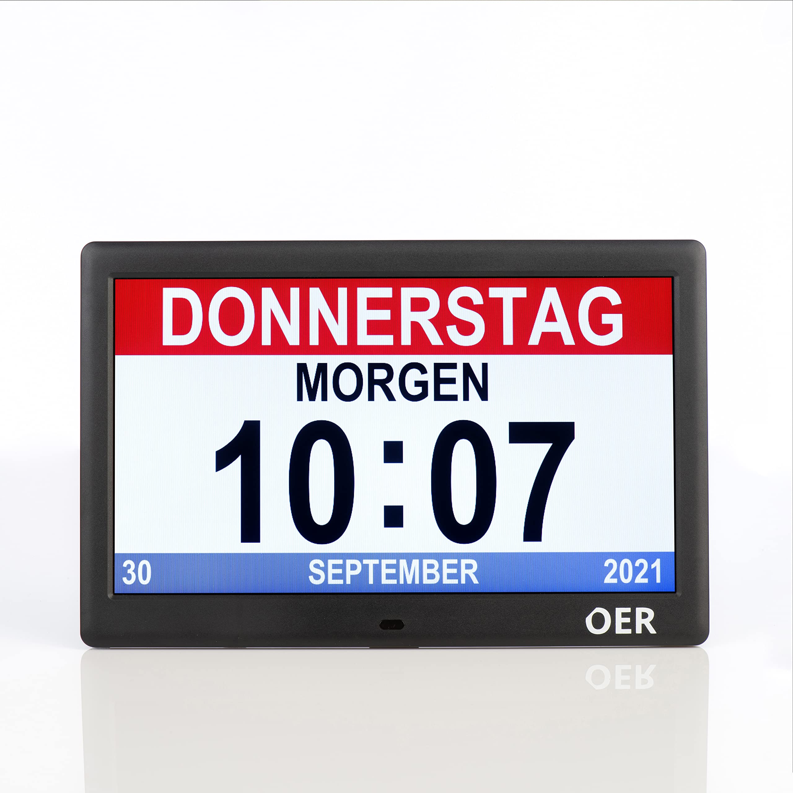 OER - Demenzuhr XXL - Digitaler Kalender und Seniorenuhr - Digitale und analoge Anzeige - Kalenderuhr für Demenz - Schreiben eigenen Alarme - (10 Zoll, Schwarz)
