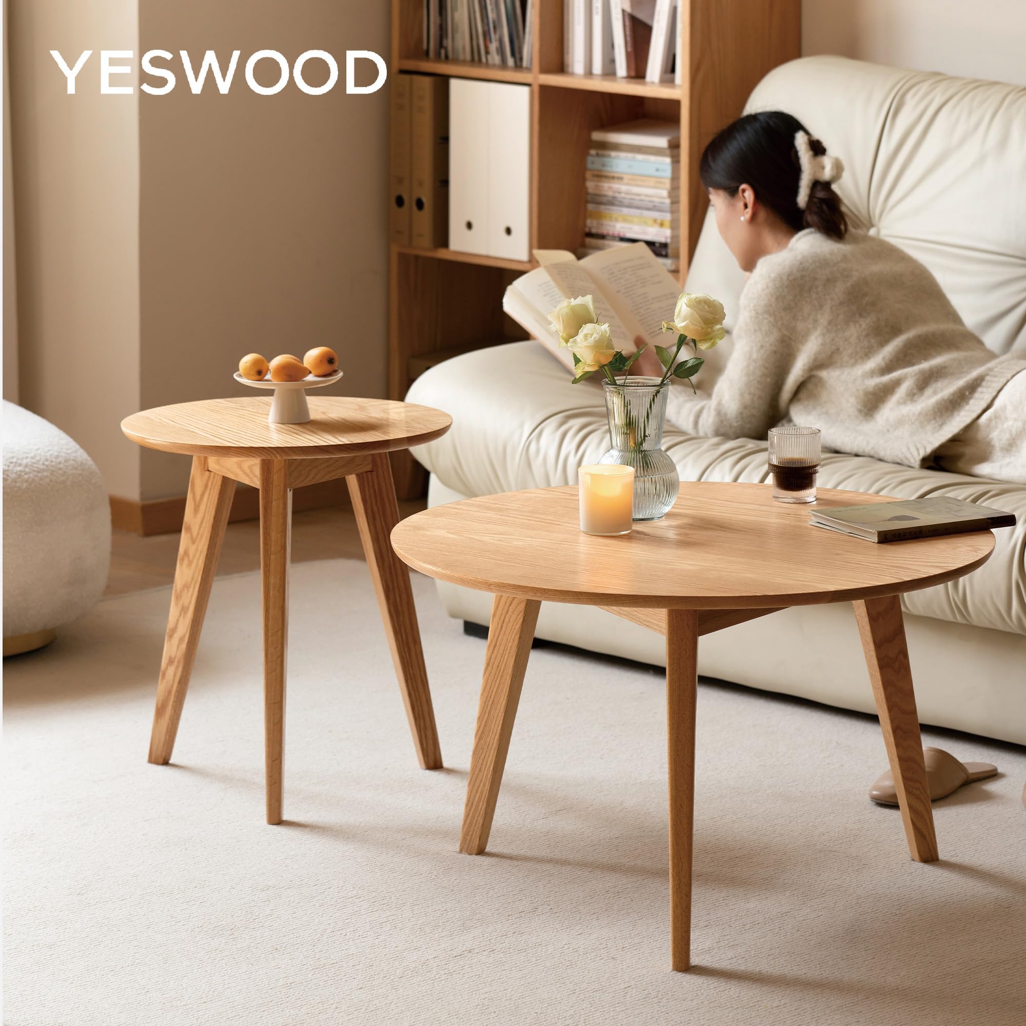 YESWOOD Table Basse Ronde en Chêne Massif, Style Moderne, Table d’Appoint pour Salon, Balcon, 60 x 60 x 35 cm, Chêne Naturel