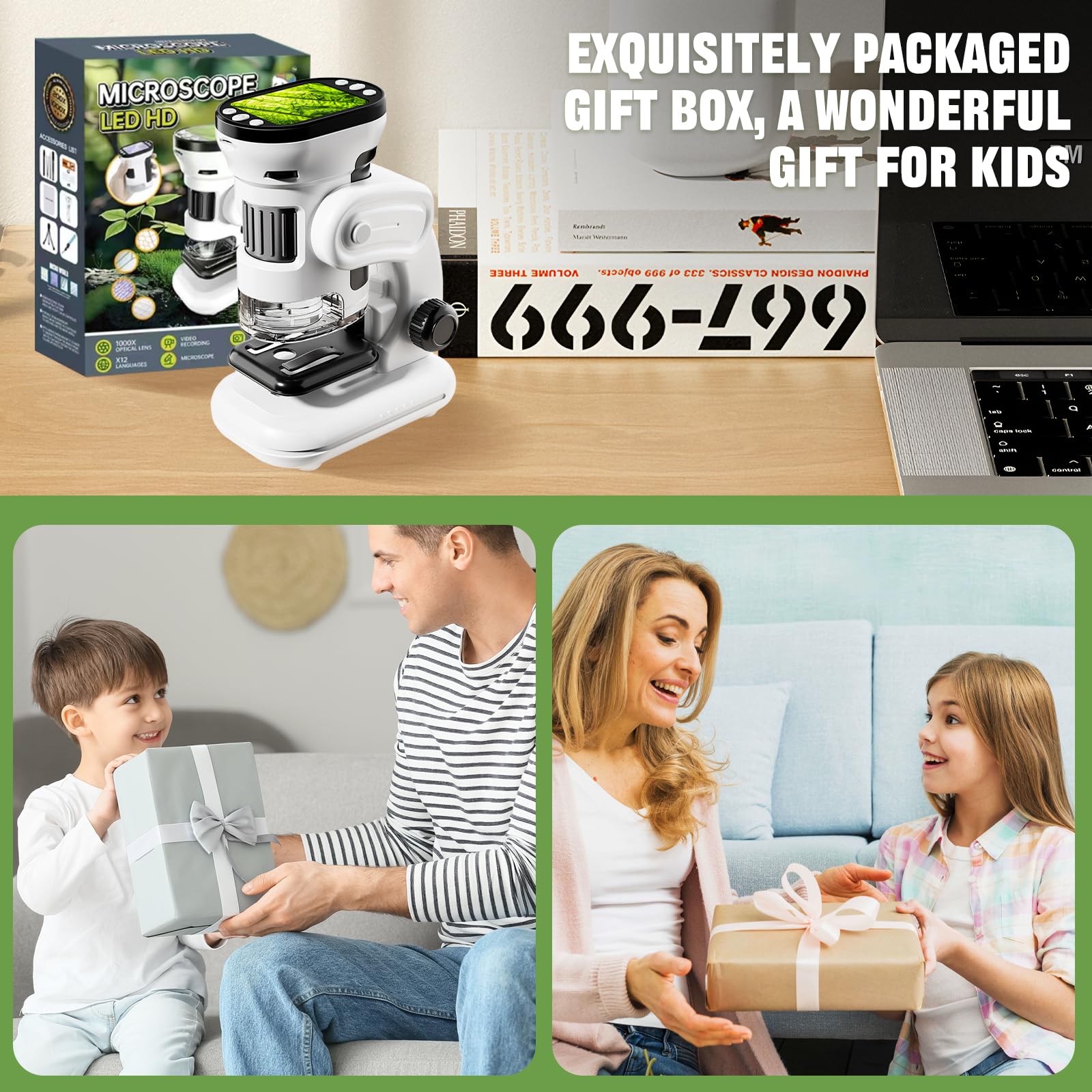 3 en 1 Microscopio Digital para Niños 1000X Portátil con Pantalla 2.0" 6 Luces LED Ajustables Incluye 14 Muestras Preparadas y Tarjeta de 32 GB Navidad y Cumpleaños