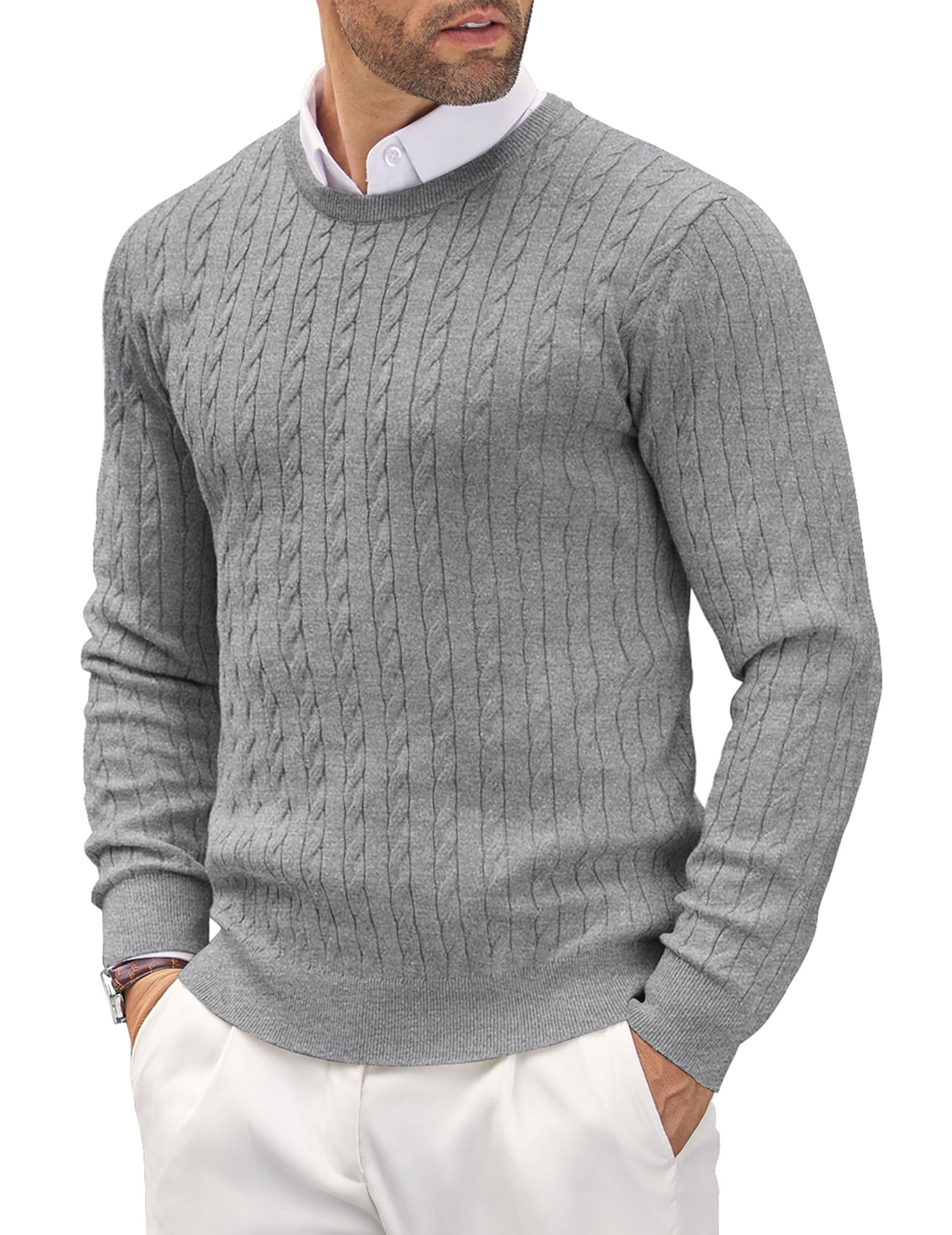 COOFANDY Herren Pullover Rundhals Kragen Zopfmuster Pullover Slim fit Sweater Leichter Freizeit Feinstrickpullover