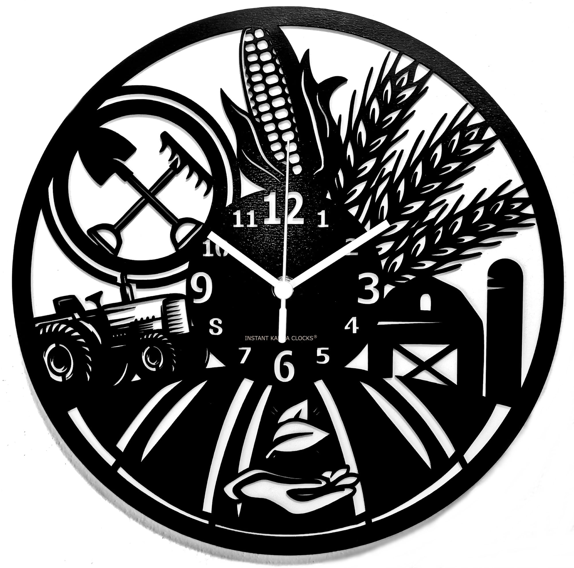 Instant Karma Clocks | Wall Clock Farm | Farmer | No Ticking, Hdf Wood, Black, ⌀12inch