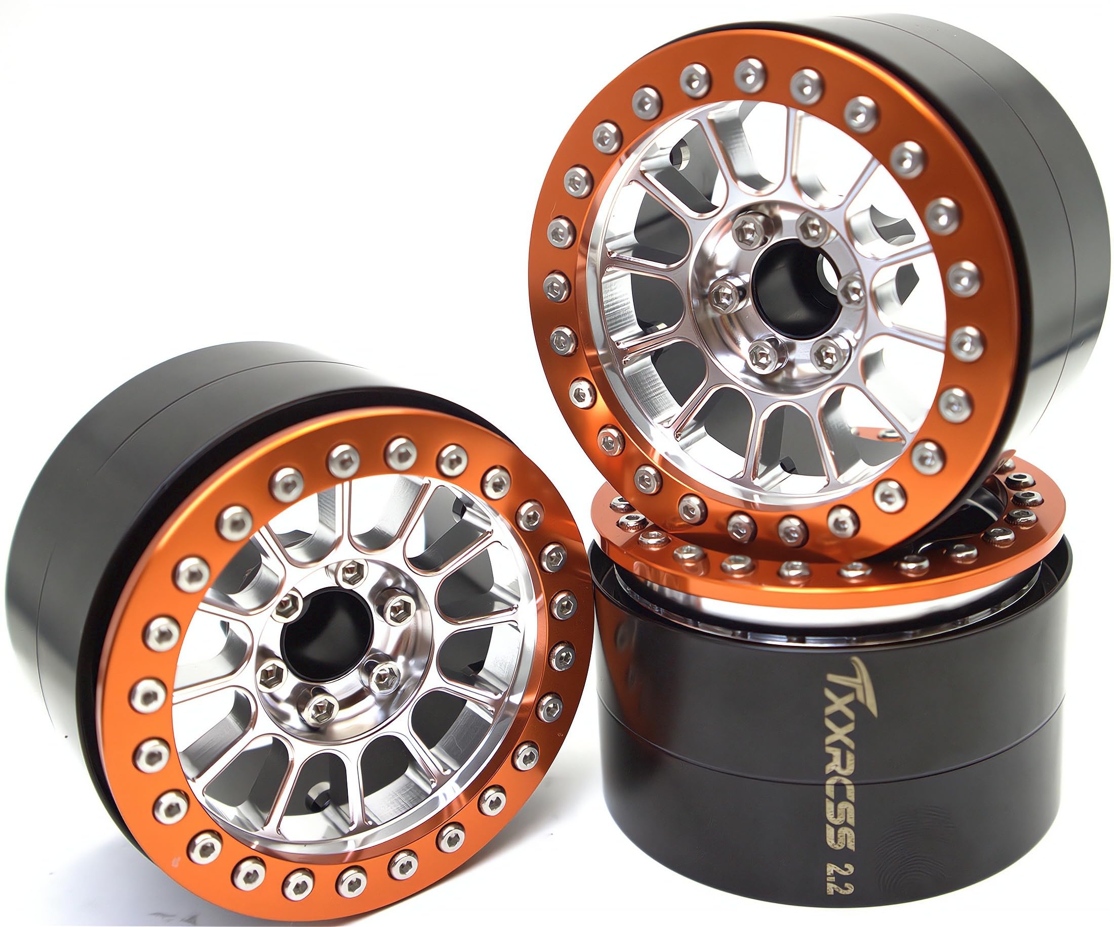 TxXrcss 200g Super Heavy Duty RC 2.2 Beadlock Wheels 1/10 Crawler Upgrade RC Wheel 4pcs Rims Hub for Axial SCX10 Trx4m (Silver Orange)