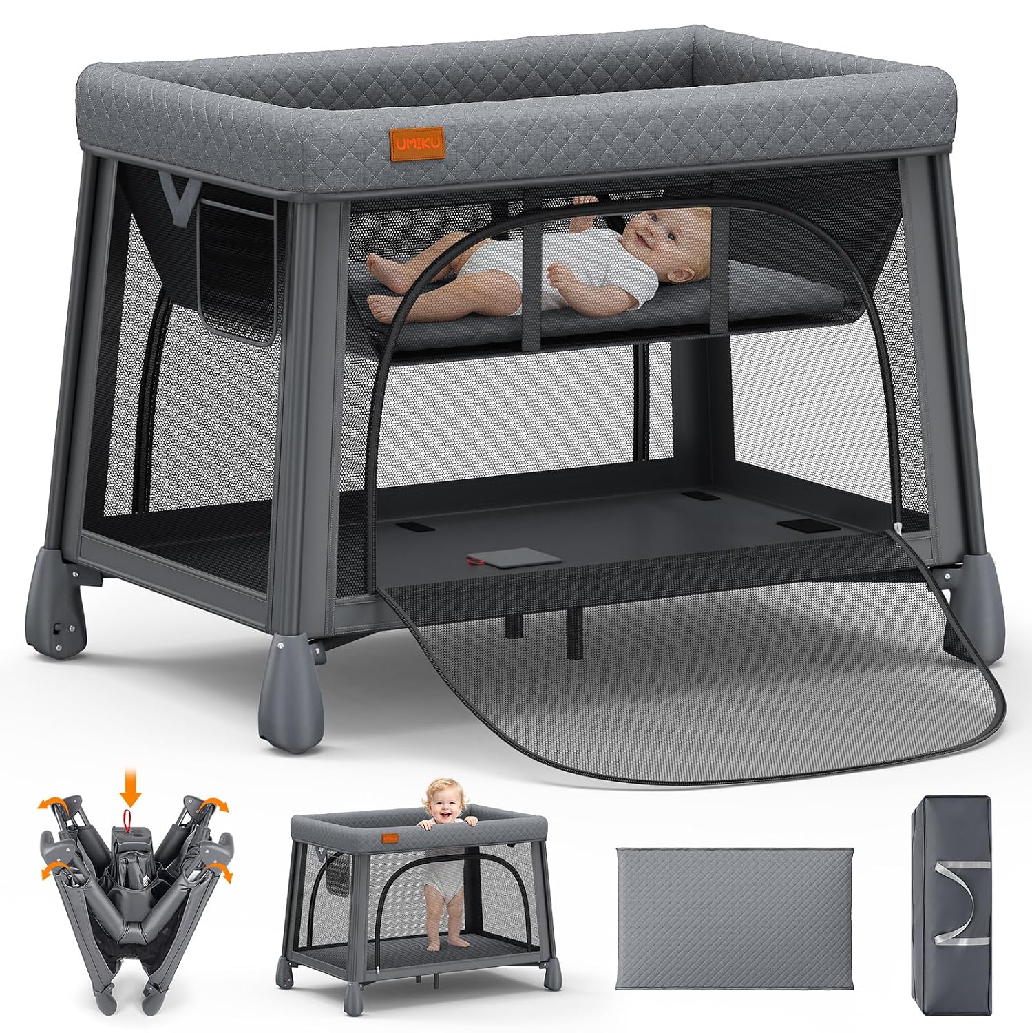UMIKU Travel Pack and Play Baby Travel Crib with Bassinet, Extra Large Foldable Portable Baby Playpen with Mattress & 2 Zipper Access, Portable Cribs Play Pen Babies Essentials Travels Bed Grey