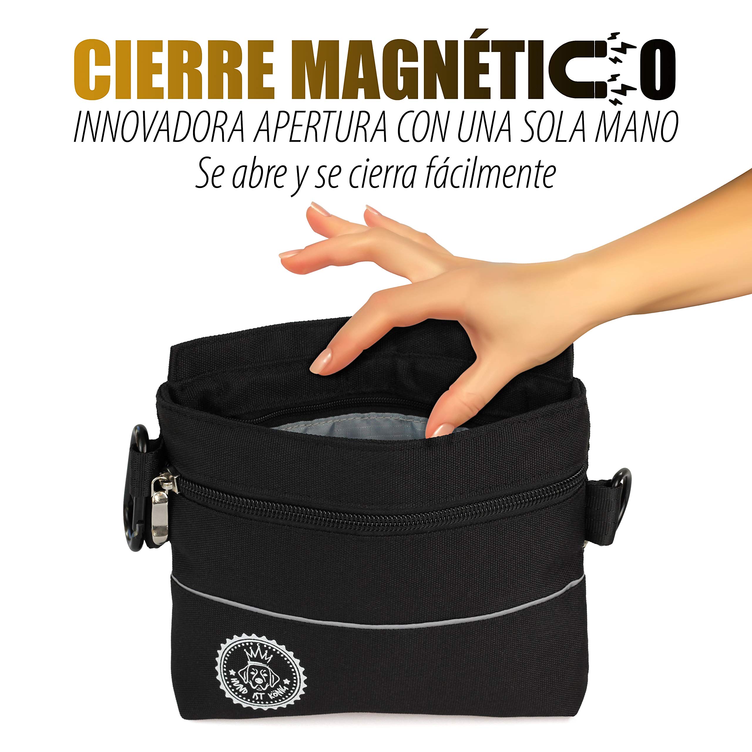 HUND IST KÖNIG Bolsa de premios para perros con bolsillo magnético para una mano, 2 bolsillos con cremallera, bolsillo interior extraíble, correas acolchadas para el hombro, mosquetón gratuito.