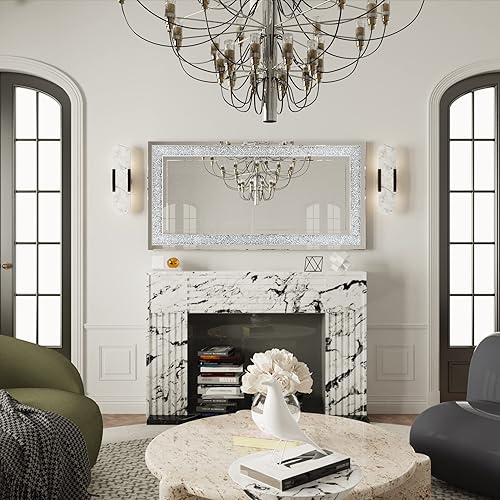 Miniatura 10 de Artloge Espejo decorativo de pared rectangular grande plateado con borde de diamante con marco trasero para sala de estar, baño, dormitorio,