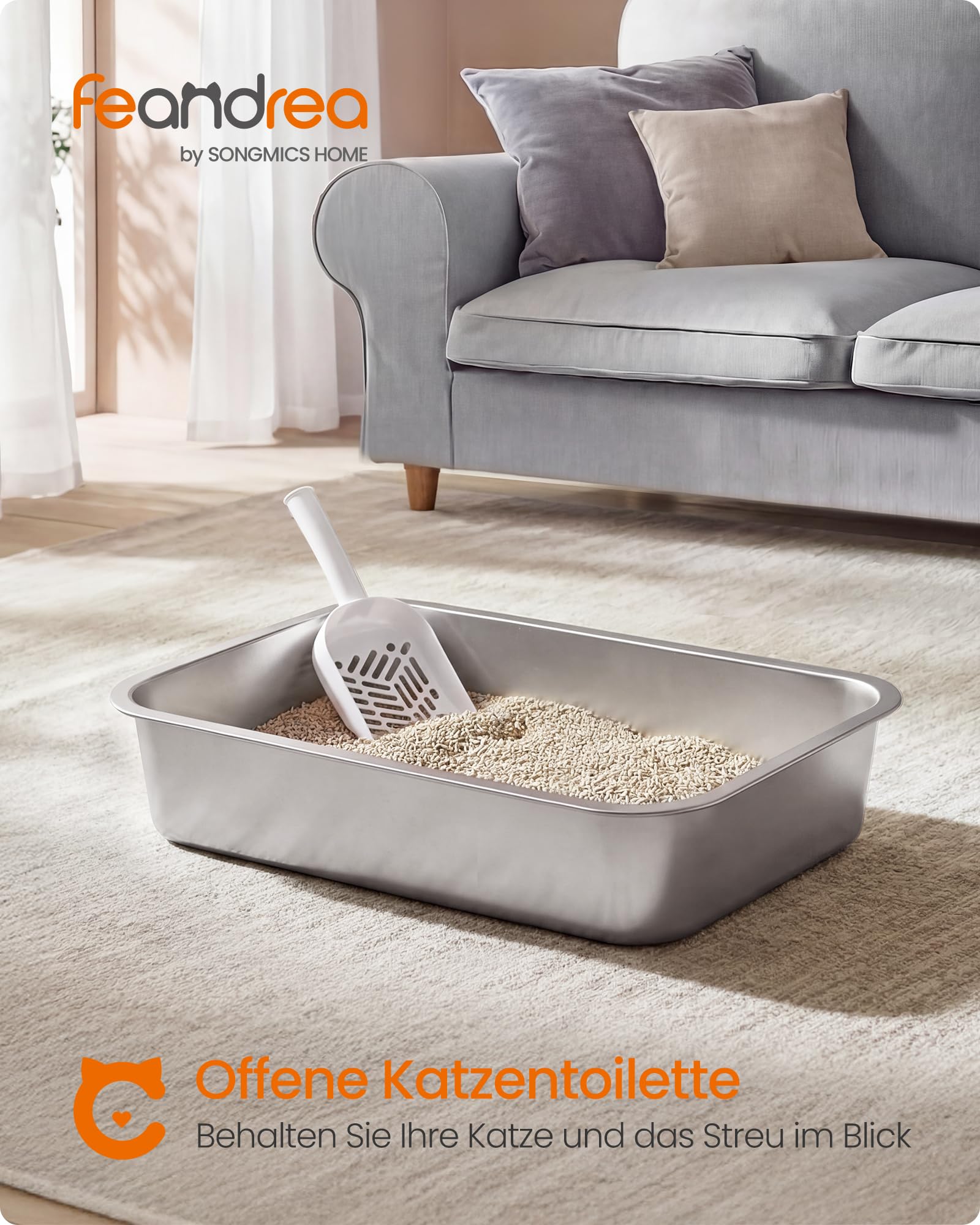 Feandrea Edelstahl Katzenklo, Große Katzentoilette, XXL Katzentoilette Edelstahl Offen, 50 x 35 x 15 cm, PPT016E101 - 3