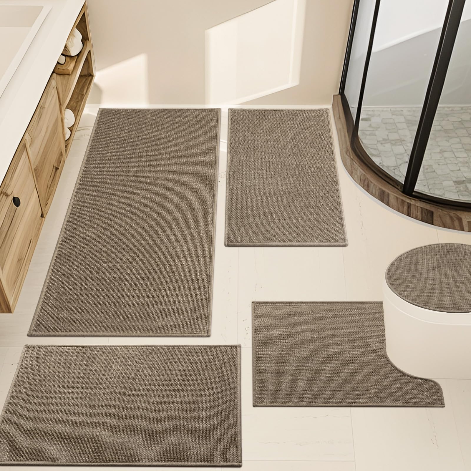 YIHOUSE Brown Bathroom Rug Sets 5 Piece, Dark Beige