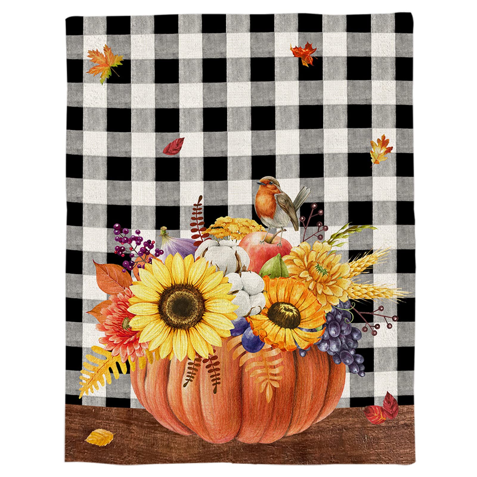 FJAUOQ Coperta in cotone, motivo con zucca, girasole, foglie d'acero, pettirosso, uva, plaid bianco e nero, super morbida, in microfibra, calda, per divano, leggera, per letto, sedie, 152 x 203 cm