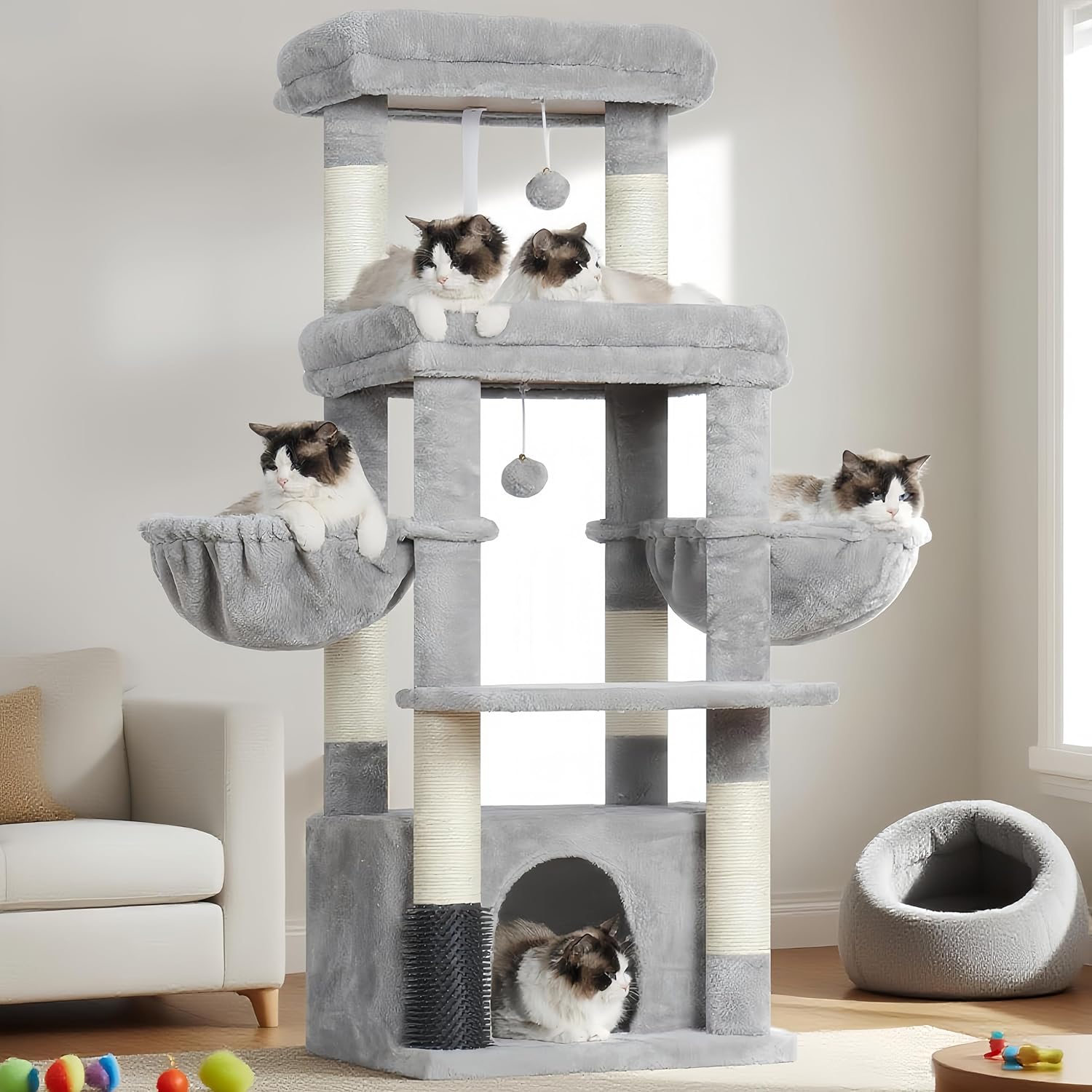 Incomplete Hey-brother Cat Tree Tower, Scratching Posts with Extra Large Platform, Specious Condo, 2 Cozy Hammocks, Self-Grooming Brush for Indoor Adult Cats, Maine Coon 51.1 inches, Light Gray MPJ070W