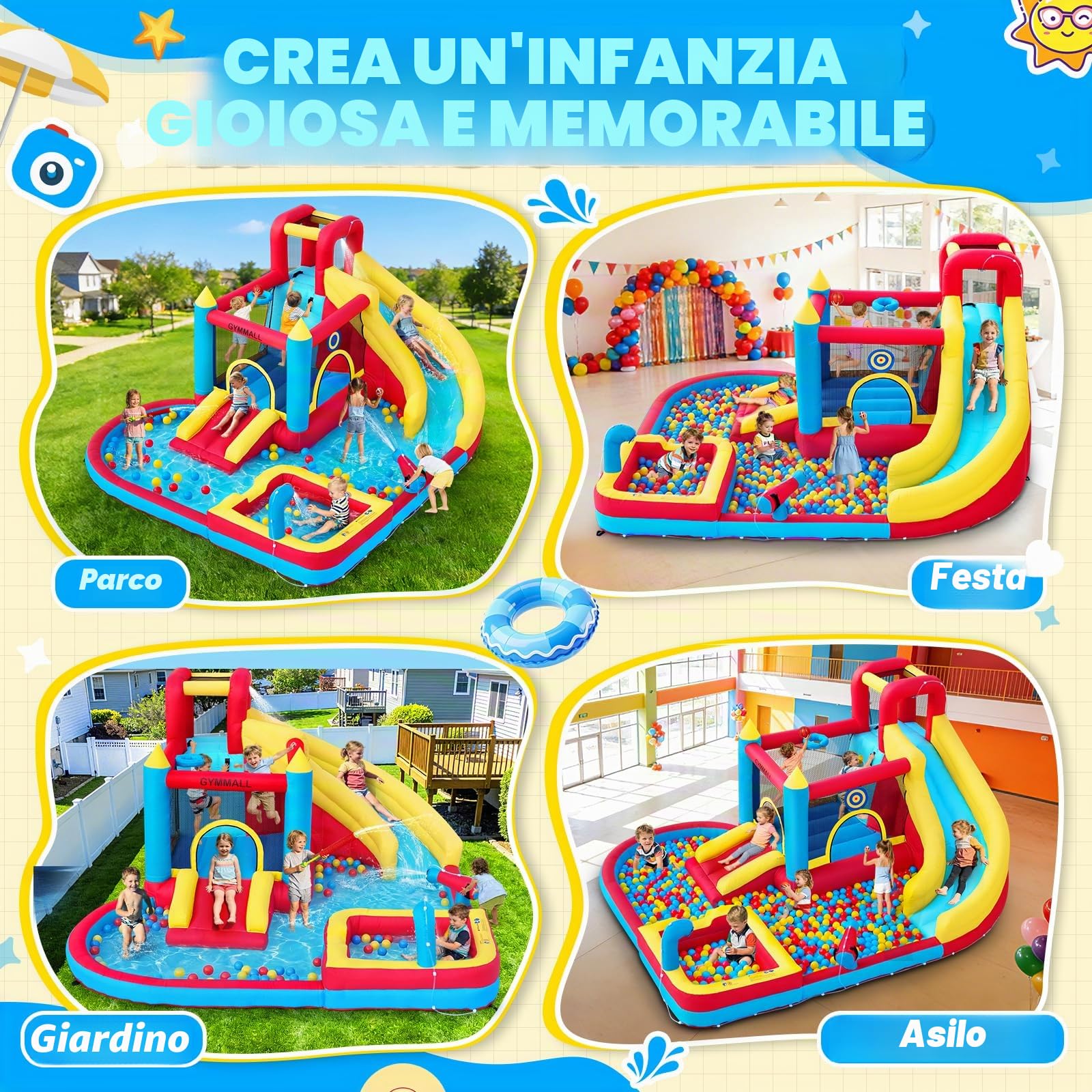 Castello Gonfiabile per Bambini, 8-in-1 con Ventilatore 480W, Scivolo Lungo, Parete da Arrampicata, Trampolino e Piscina, adatto per divertimento interno ed esterno in vacanza