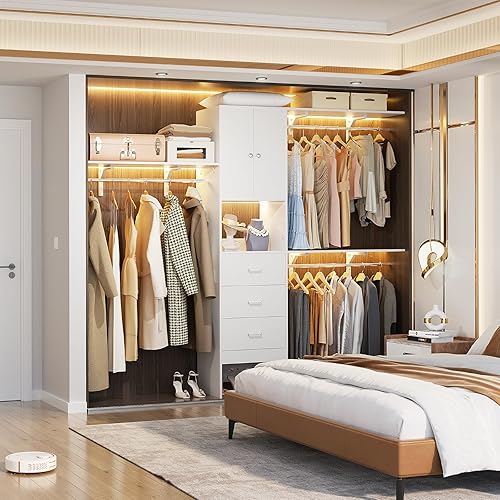 Miniatura 4 de Armocity Sistema de armario de 96 pulgadas con puertas, organizador de armario de 8 pies con 3 torres de estantes, perchero resistente con 3 cajones