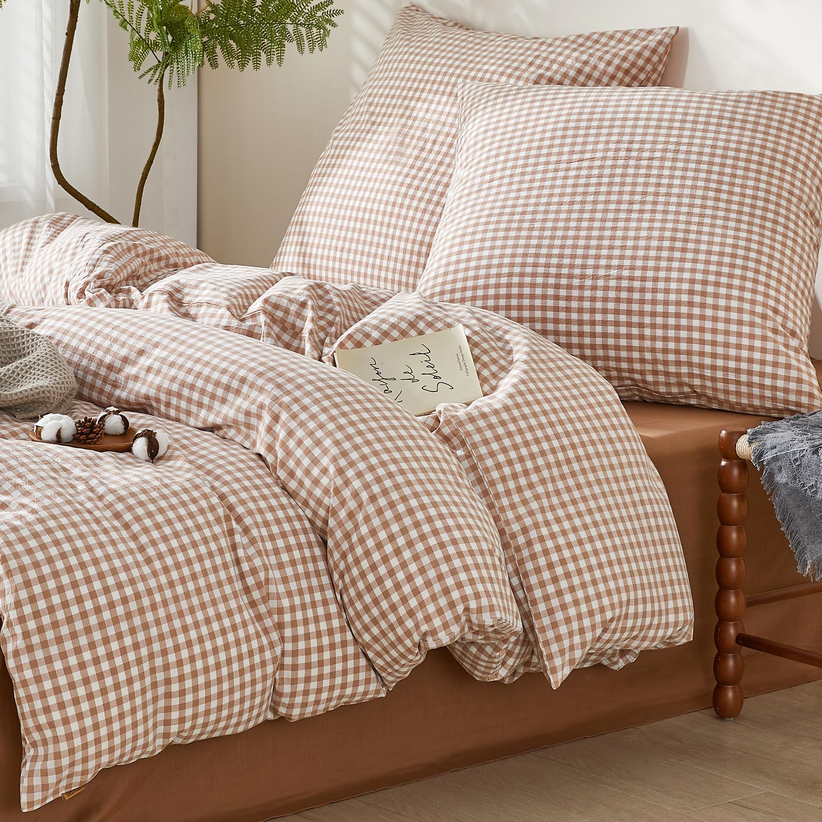 Housse de couette 200x200 coton lavé carreaux taupe SAPHREAS