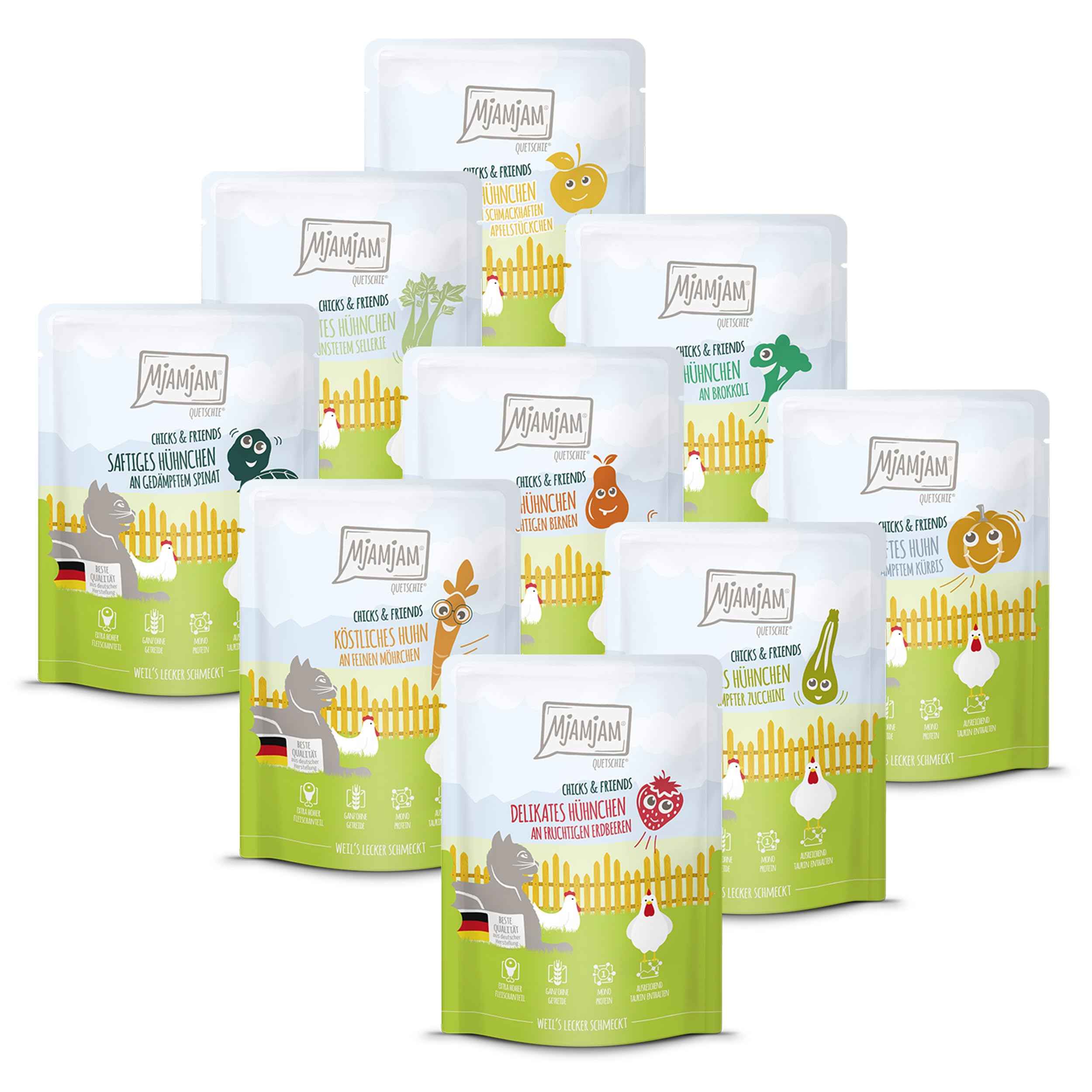 MjAMjAM - Premium wet food for cats - Chicks & Friends Box, 9 pack (9 x 300g), grain-free with extra meat