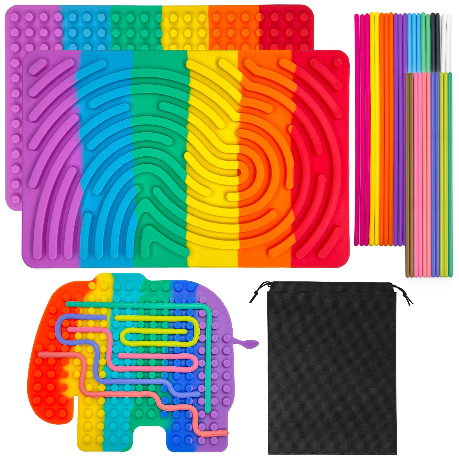 IETWATE 2PCS Sensory Activity Board, Silicone Push Peel Sensory Board, Dinosaur Fidget Board, Double Side Silicone Kids Sensory Toys with Portable Travel Bag and 31PCS Strings, for Kids 3+