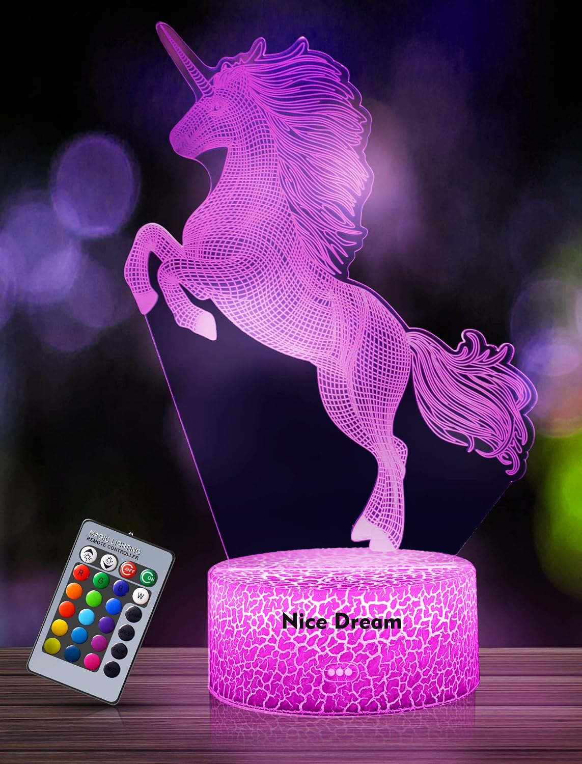 Nice Dream Unicorn Night Light for Kids, 3D Illusion Lamp, 16 Colors Changing with Remote Control, Room Decor, Gifts for Children Boys Girls