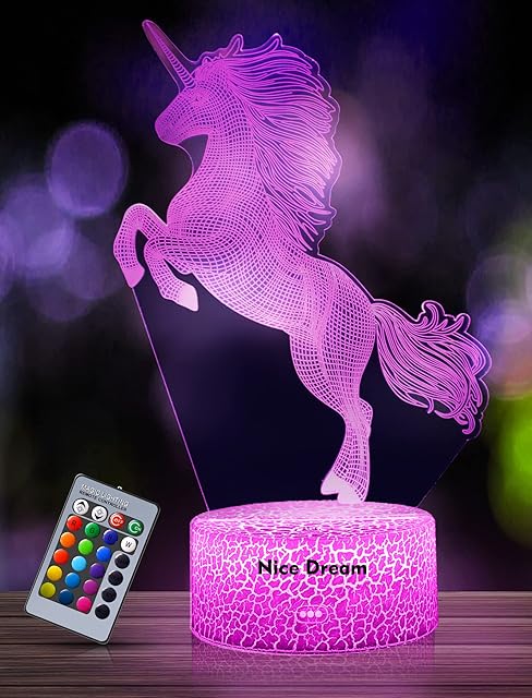 Nice Dream Unicorn Night Light for Kids, 3D Illusion Night Lamp, 16 Colors Changing with Remote Control, Room Decor, Gifts for Children Boys Girls