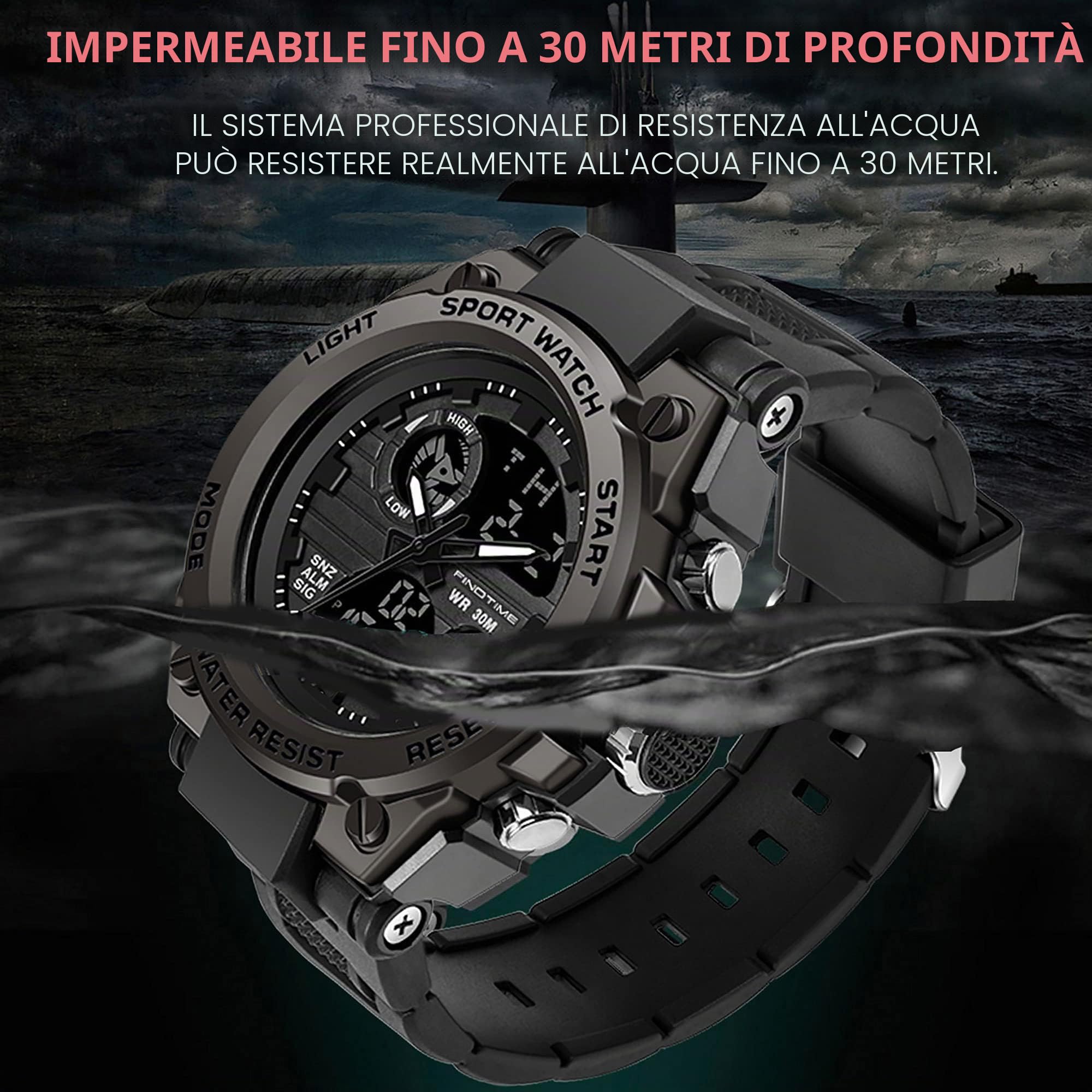 Orologio militare tattico sportivo da uomo, cronometro, quadrante grande, sveglia, doppio display ora, retroilluminazione, orologio da polso impermeabile per esterno, Nero , Cinghia