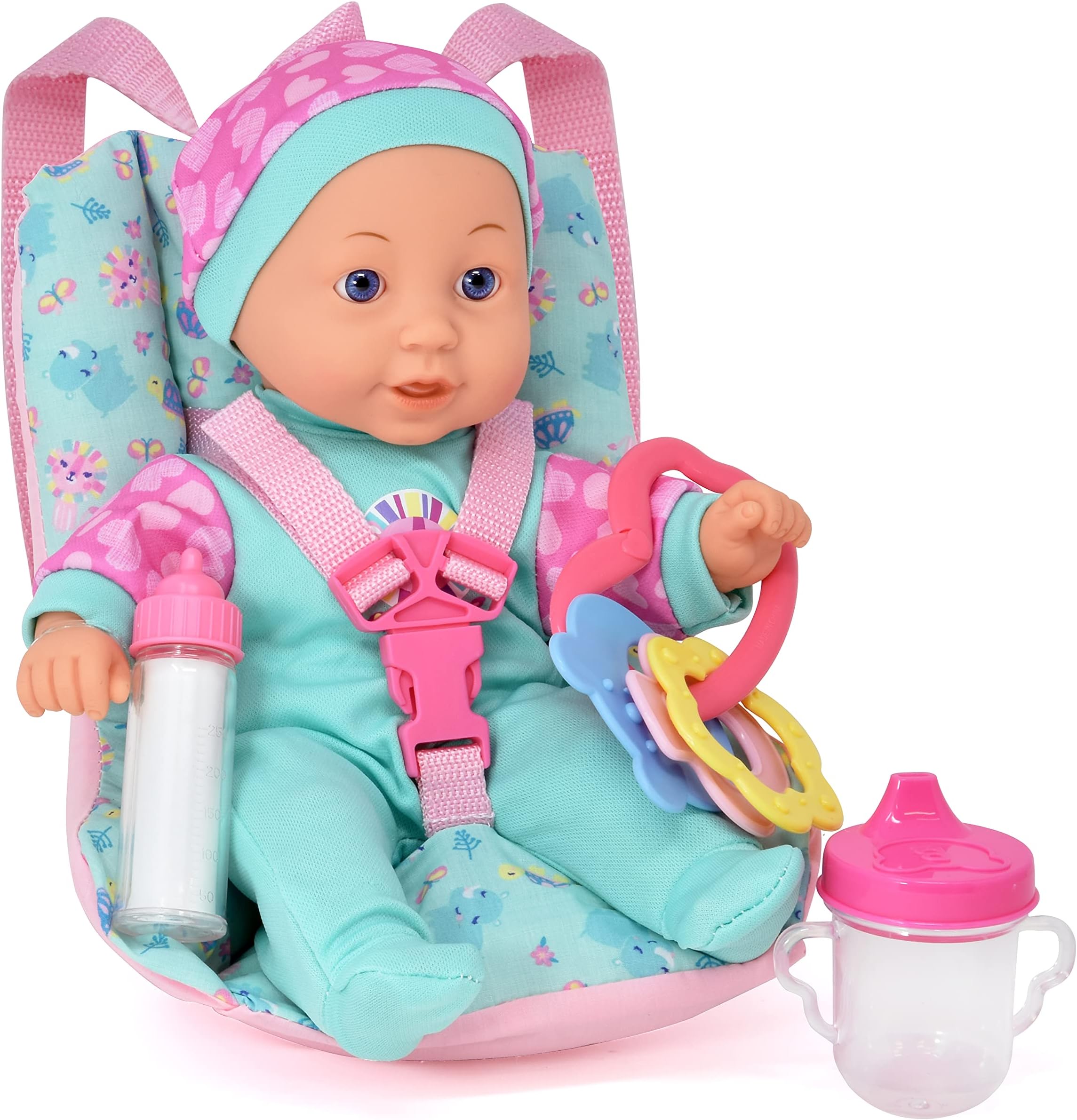 Dolls To Play 12 Inch Soft Body Baby Doll with Car Seat Carrier Backpack, Baby Doll with 2 Feeding Bottles Bib Rattle Toy Accessories Baby Doll Travel Gift Play Set for Toddlers, Infants and Kids